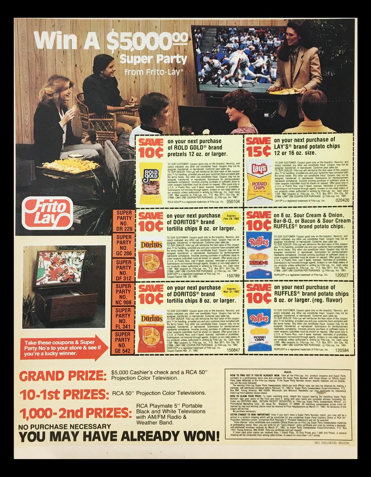 1982 Super Party from Frito Lay Snacks Circular Coupon Advertisement showcasing promotional offers for snacks including Doritos and Lay's chips, featuring a grand prize of $5000 and a family enjoying a television show.