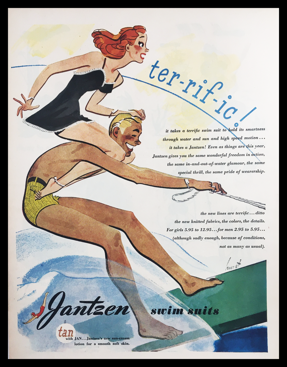 1945 Jantzen Swim Suits Sun-Cream Lotion Vintage Print Ad depicting a vibrant illustration of a couple enjoying water activities, showcasing Jantzen's swimwear and promoting sun-cream lotion, capturing the essence of post-war leisure culture.