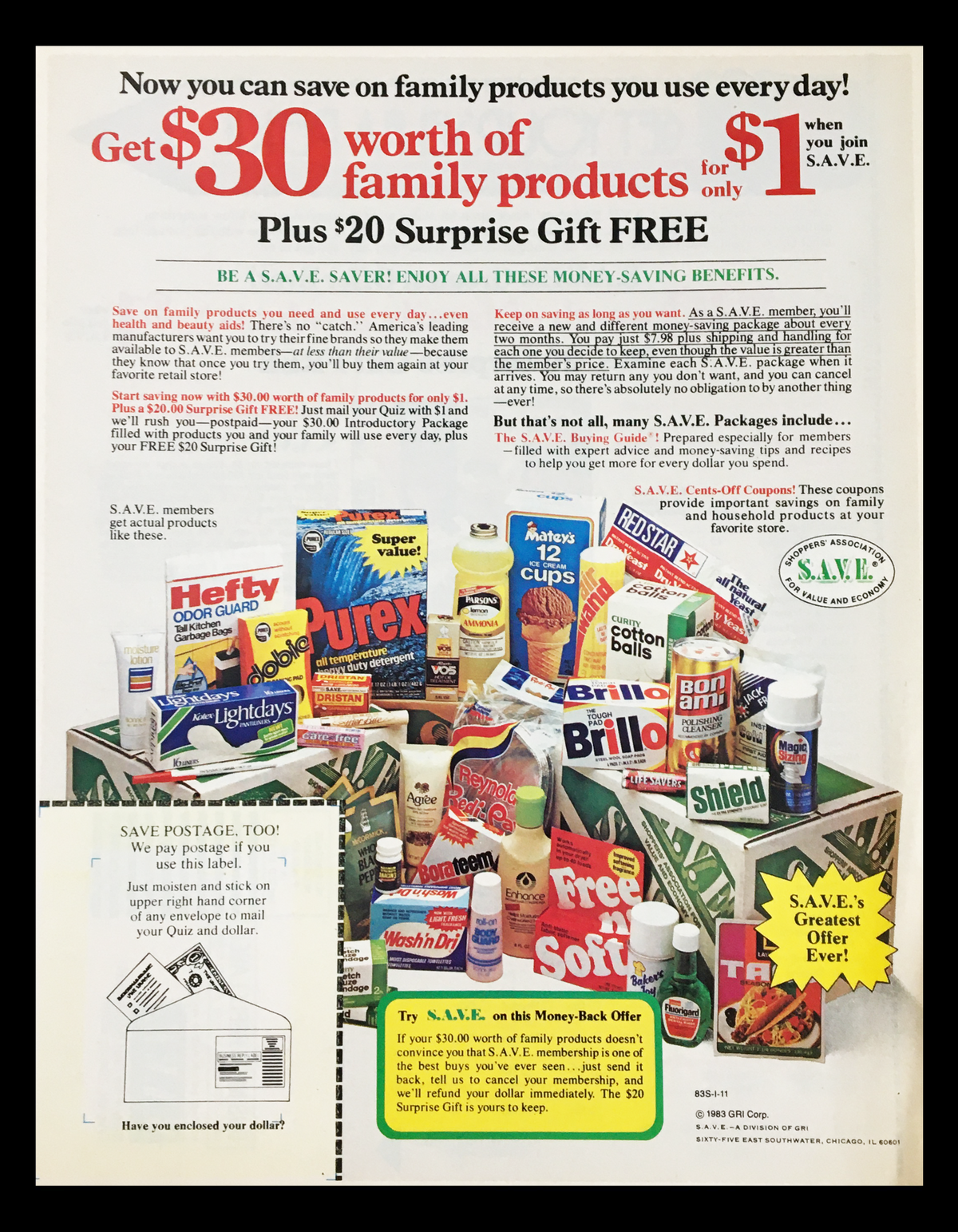 1983 Save Money-Back Offer Products Circular Coupon Advertisement showcasing a variety of household products including cleaning supplies and kitchen items, emphasizing a $30 worth of family products offer and a $20 surprise gift.