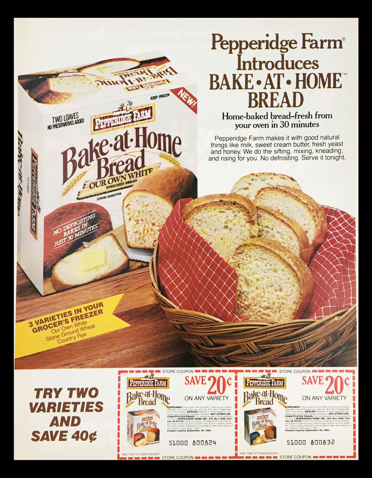 1983 Pepperidge Farm Bake-at-Home Bread Circular Coupon Advertisement featuring the Bake-at-Home Bread box and two coupon cutouts. The advertisement promotes home-baked bread options with images of loaves and a red-checkered tablecloth background.