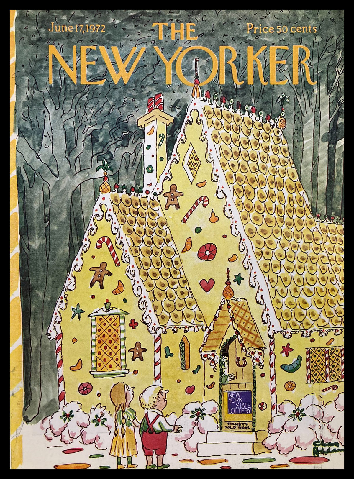 Cover art of The New Yorker magazine from June 17, 1972 featuring a whimsical Lottery House illustration by Chas Addams, showcasing a yellow, candy-decorated house surrounded by children, highlighting the unique artistic style of Addams.