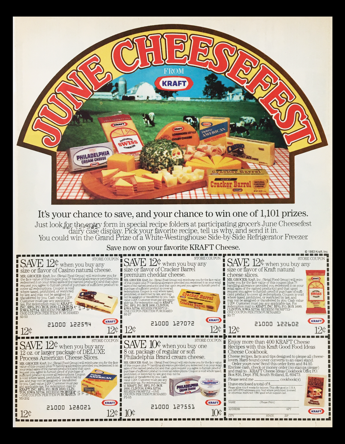 1983 Kraft Cheese June Cheesefest Circular Coupon Advertisement featuring various Kraft cheese products and promotional offers, in good condition, measuring 11 1/4 x 8 3/4, original, front and back included.