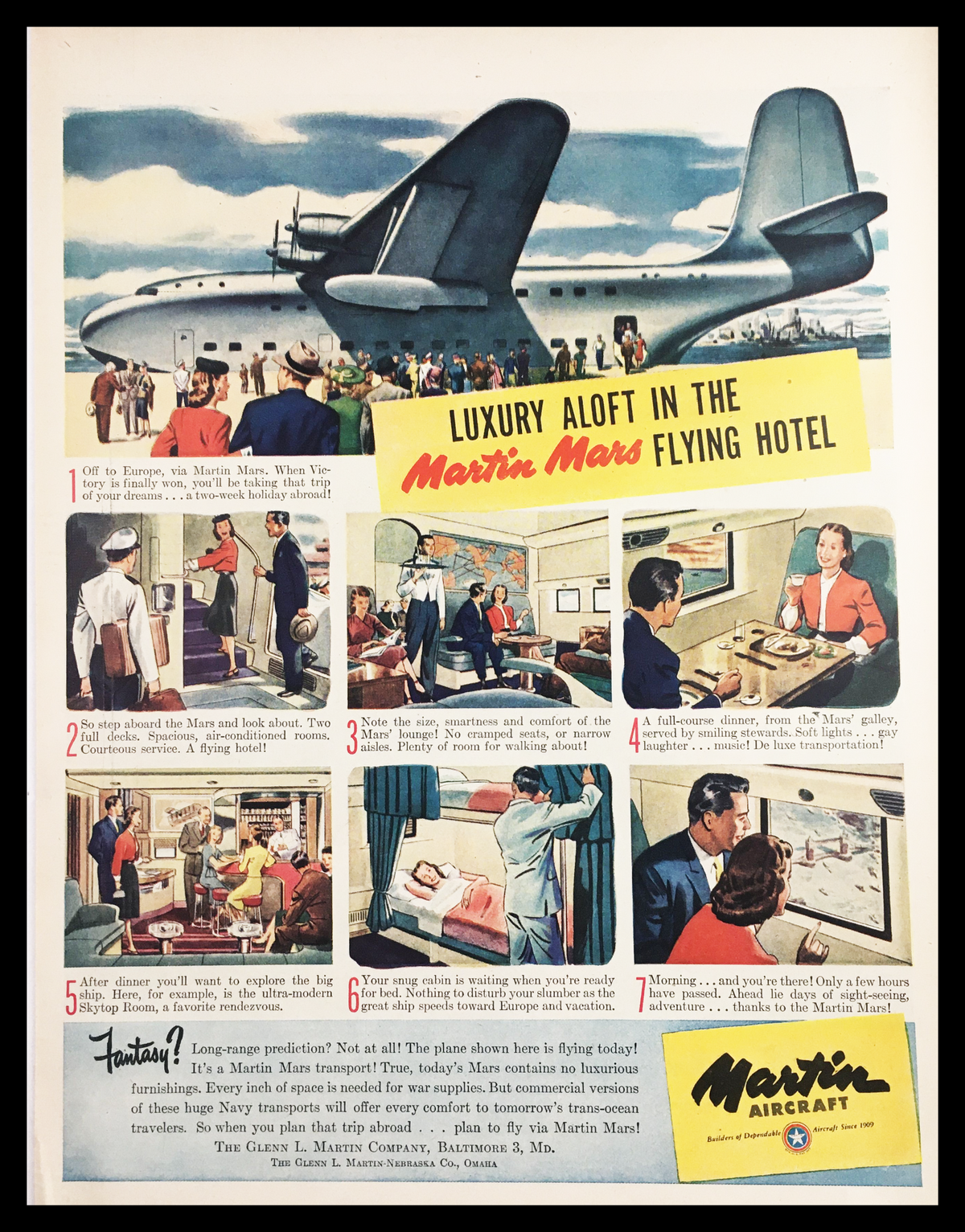 1945 Martin Mars Aircraft Flying Hotel Vintage Print Ad showcasing luxurious travel aboard the Martin Mars, featuring passengers in a stylish interior, the aircraft exterior, and amenities offered, promoting a unique flying hotel experience.
