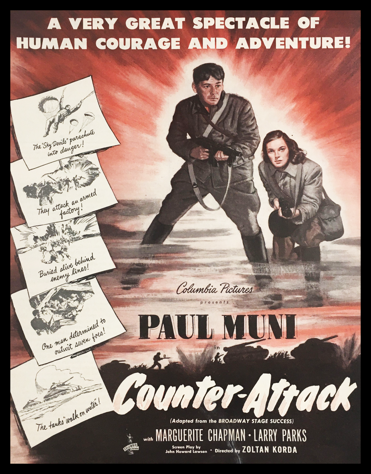 1945 Columbia Pictures print advertisement featuring Paul Muni in Counter-Attack, showcasing dramatic imagery and classic typography that represent the vintage film industry of the 1940s.