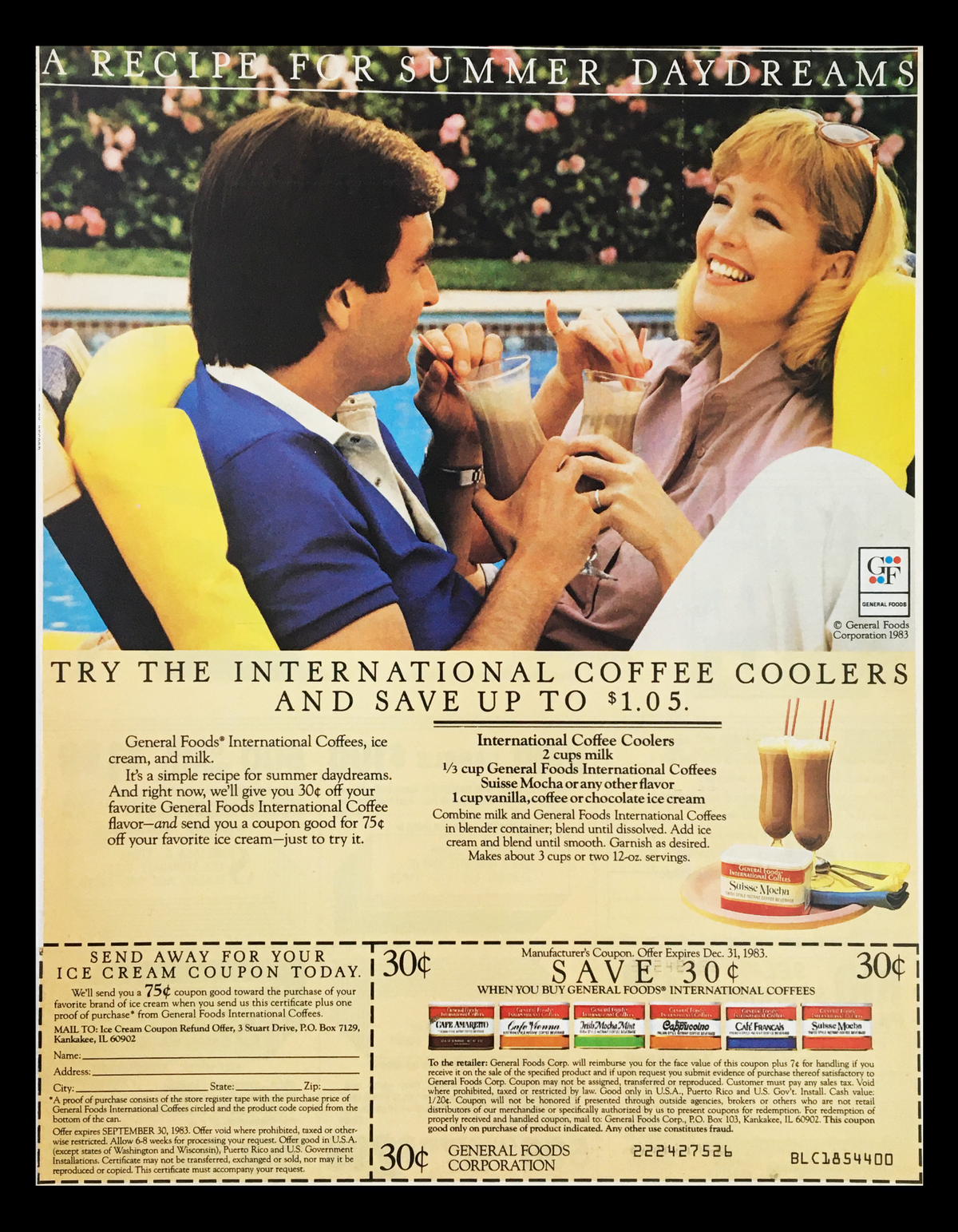 1983 General Foods International Coffees Circular Coupon Advertisement featuring a couple enjoying coffee coolers by the pool, highlighting the summer theme and savings on international coffee products.