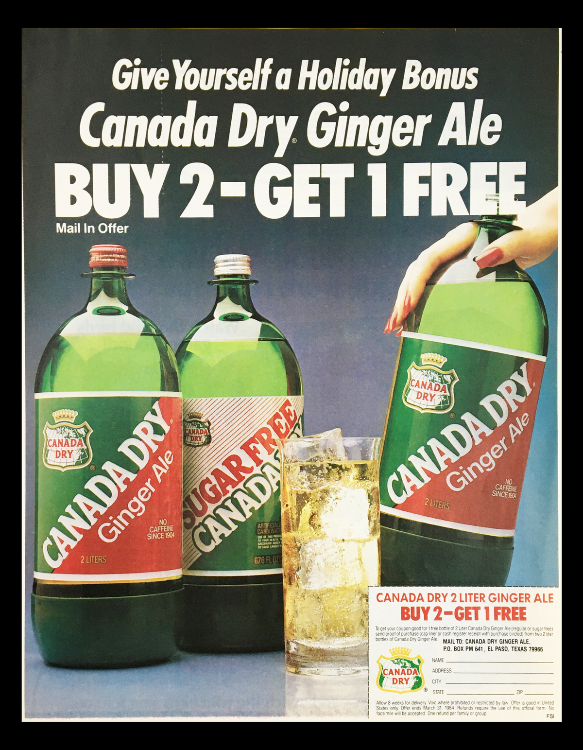 1984 Canada Dry Ginger Ale Circular Coupon Advertisement featuring three bottles of Canada Dry Ginger Ale with the promotion 'Buy 2 Get 1 Free'. The image showcases the vibrant green bottles and a glass of ginger ale, perfect for collectors.