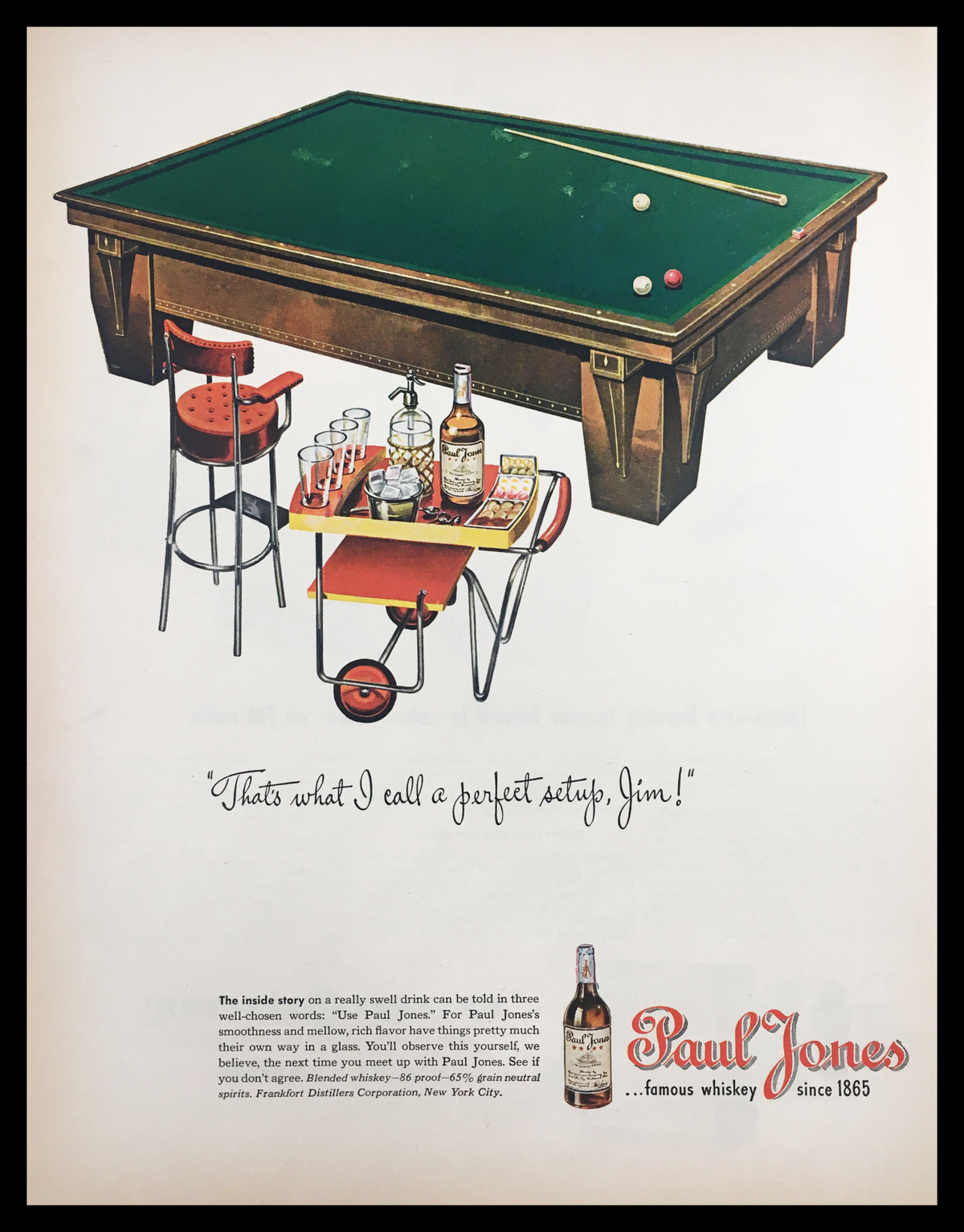 Vintage print ad for 1945 Paul Jones Famous Whiskey featuring a billiard table setup with cocktails and whiskey bottles, showcasing mid-20th-century Americana design.