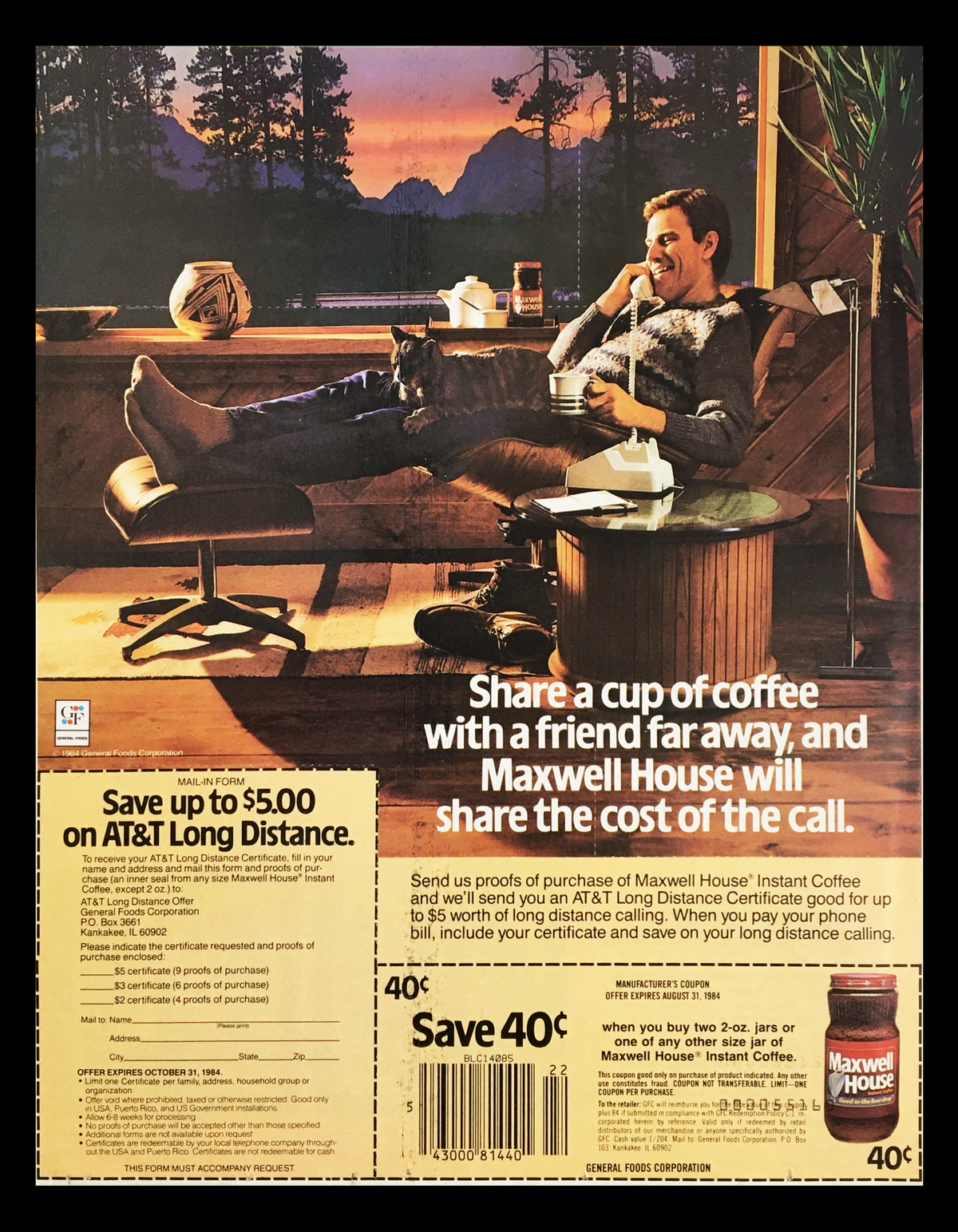 1984 Maxwell House Instant Coffee Circular Coupon Advertisement featuring a man relaxing with a cup of coffee in a cozy setting. Highlighted offer for AT&T long-distance calling savings.