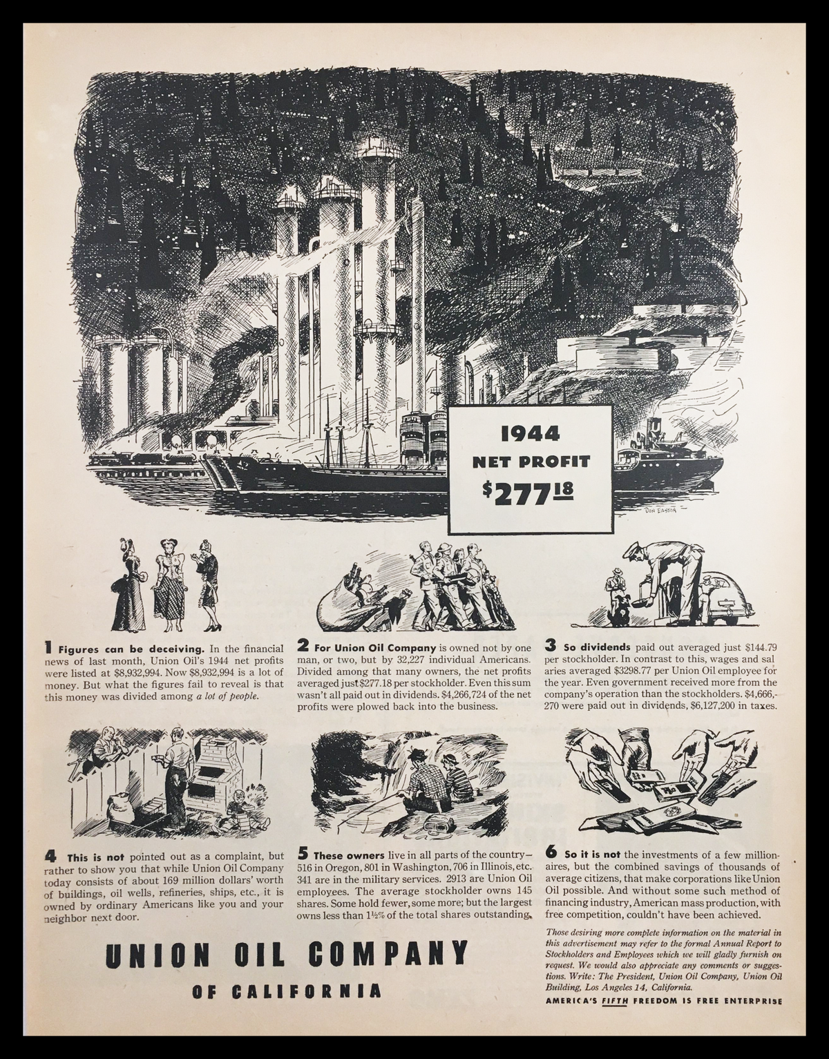 1945 Union Oil Company of California Vintage Print Ad featuring a historical depiction of the oil industry, showcasing the company's profits and a detailed illustration related to oil production and community impact.