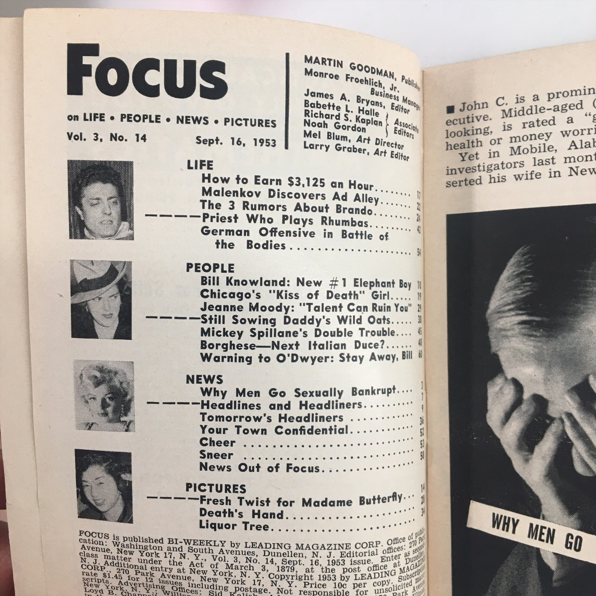 Inside spread of VTG Focus Magazine September 16 1953 showcasing the contents page, including the article 'Why Men Go Sexually Bankrupt' and listings of other features, reflecting the magazine's focus on life, people, news, and pictures during the 1950s.