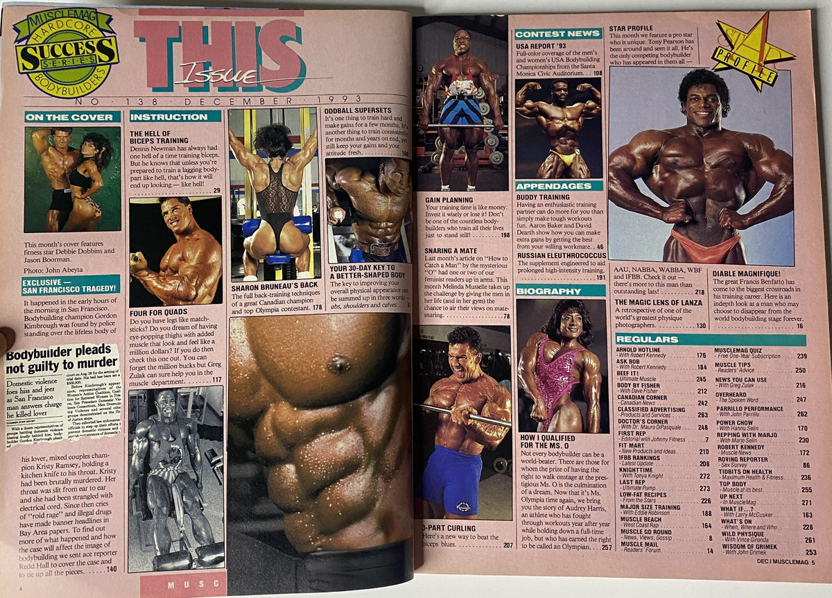An interior page from MuscleMag International Magazine December 1993 displaying contest news, bodybuilder profiles, and fitness content.