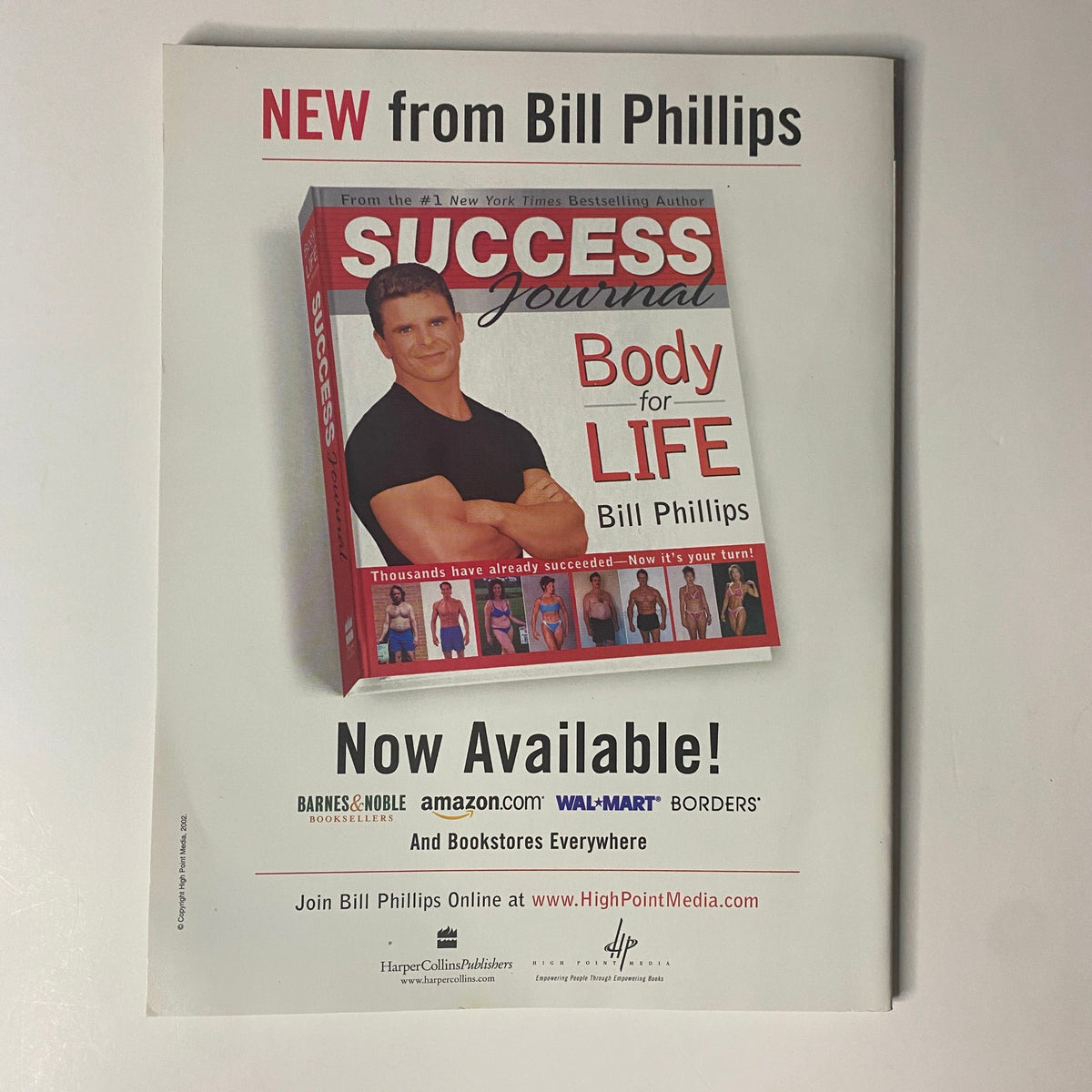 Advertisement from Muscle Media Magazine, May 2003, promoting the Success Journal by Bill Phillips, emphasizing fitness success stories and a lifestyle change.