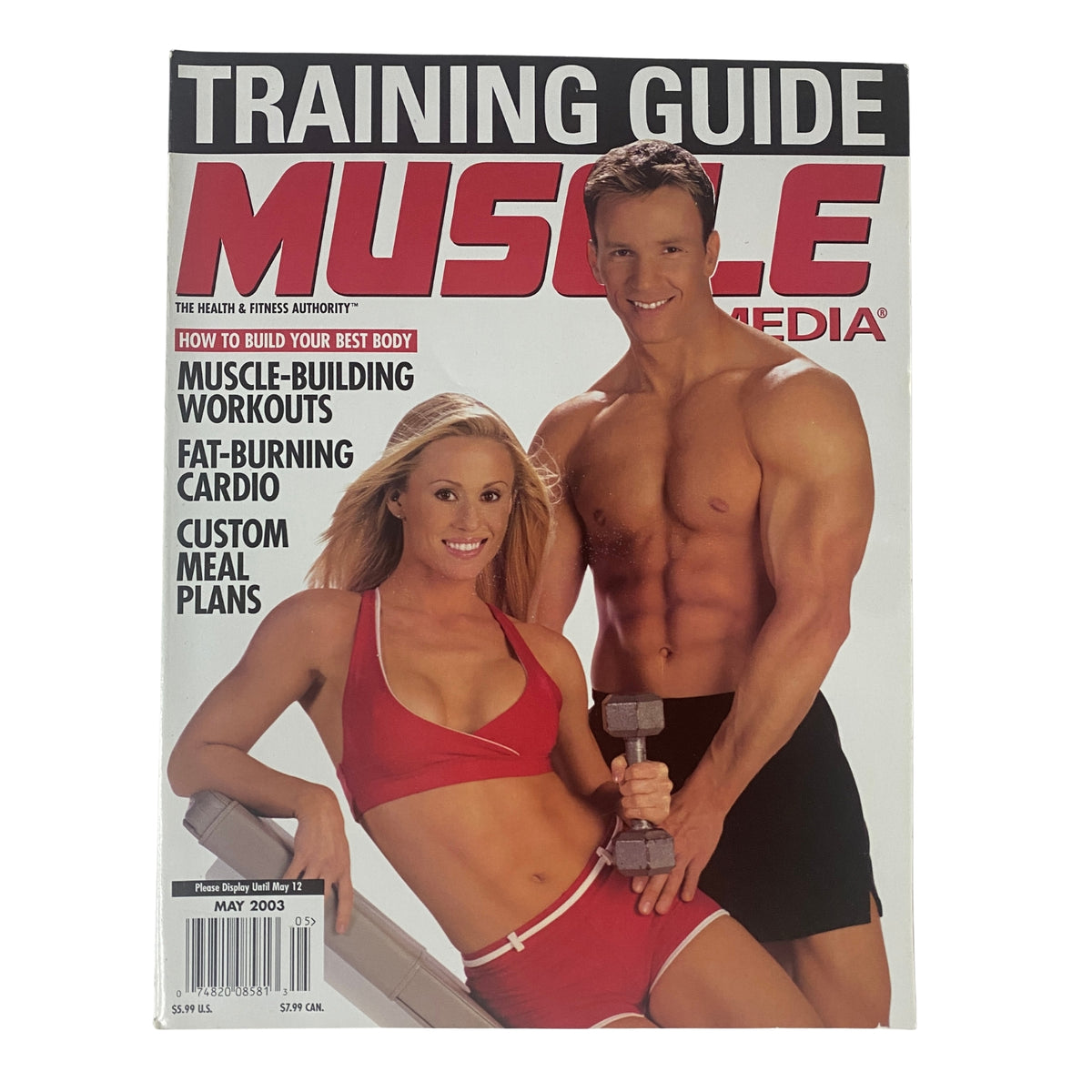 Cover of Muscle Media Magazine, May 2003, featuring a couple showcasing fitness with a focus on muscle-building workouts, fat-burning cardio, and custom meal plans.