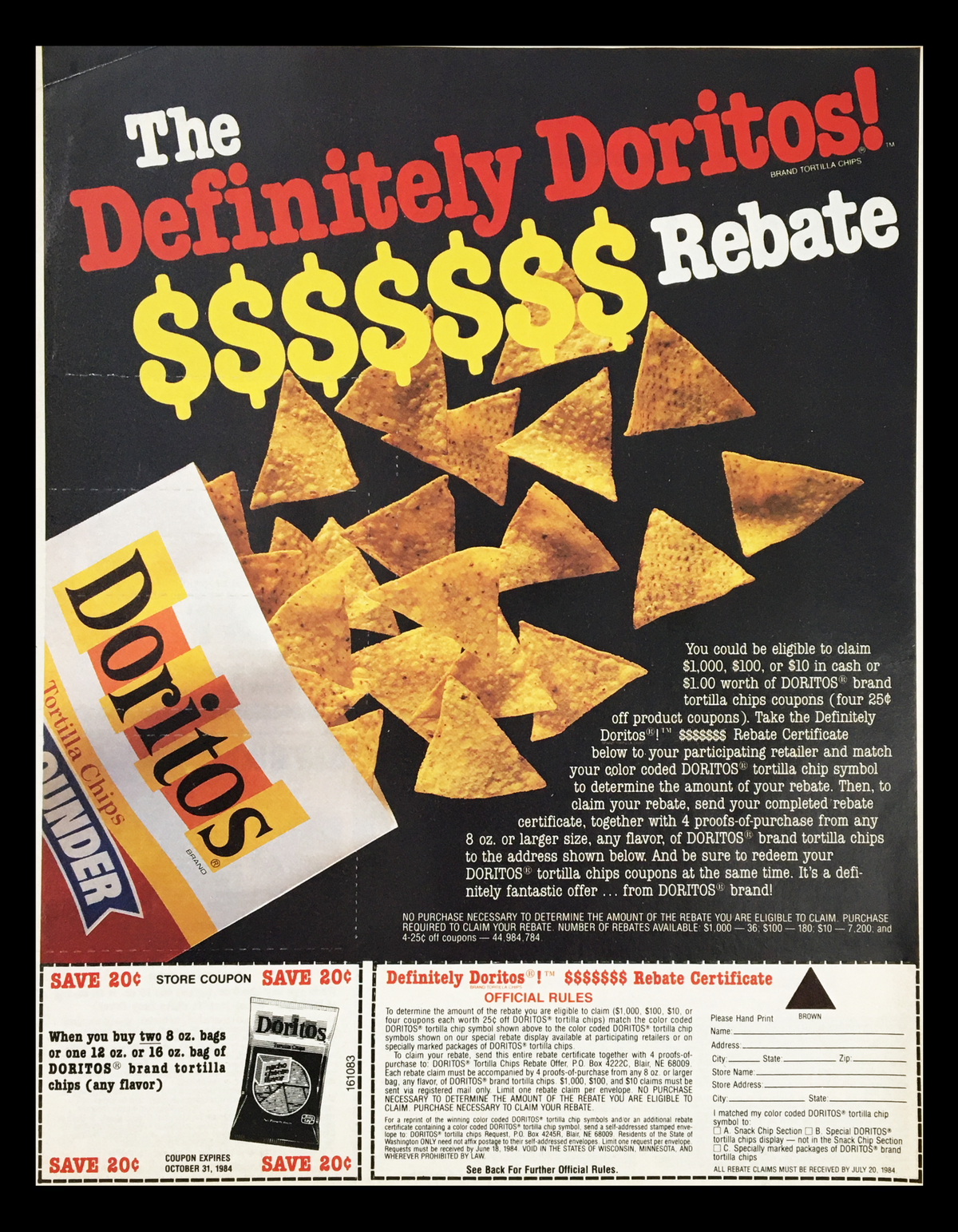 1984 Doritos Brand Tortilla Chips Circular Coupon Advertisement featuring a rebate offer with Doritos chips on a black background. Includes official rules for redeeming the coupon and details on savings when purchasing Doritos. Good condition, original with some creases.