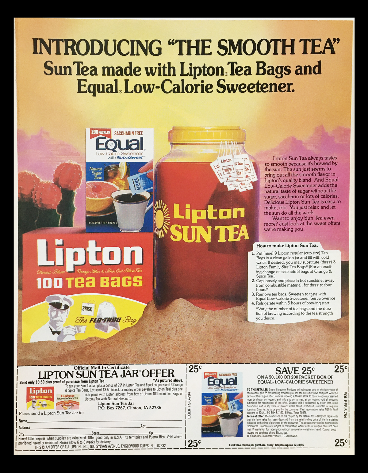 1984 Sun Tea Lipton Tea Bags Circular Coupon Advertisement featuring a jar of Lipton Sun Tea, showcasing promotional images of Lipton Tea Bags and Equal Low-Calorie Sweetener, along with coupon offers.