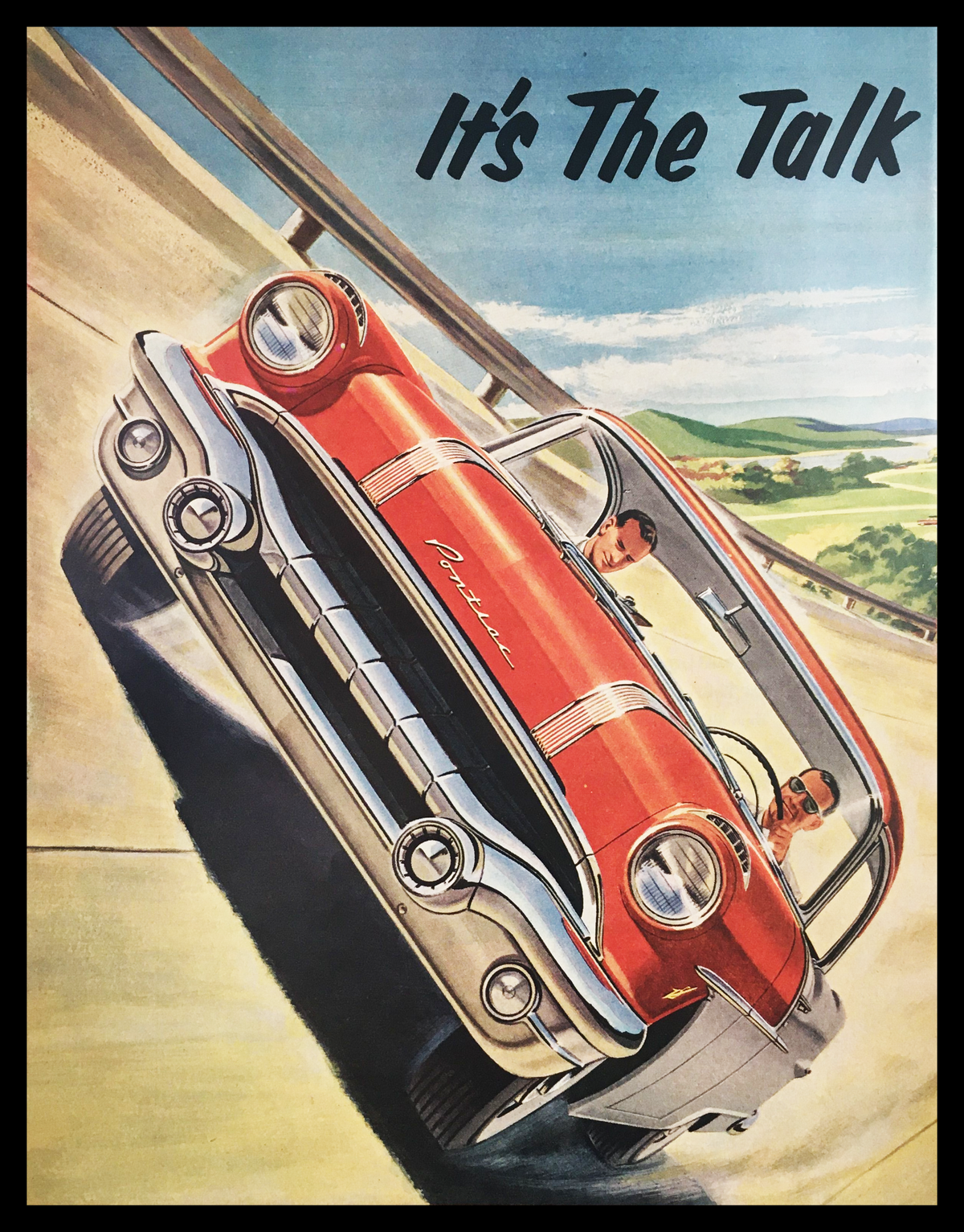 1945 Pontiac It's The Talk Vintage Print Ad showcasing a classic red Pontiac car in a dynamic driving scene, highlighting post-war American automotive culture and design.