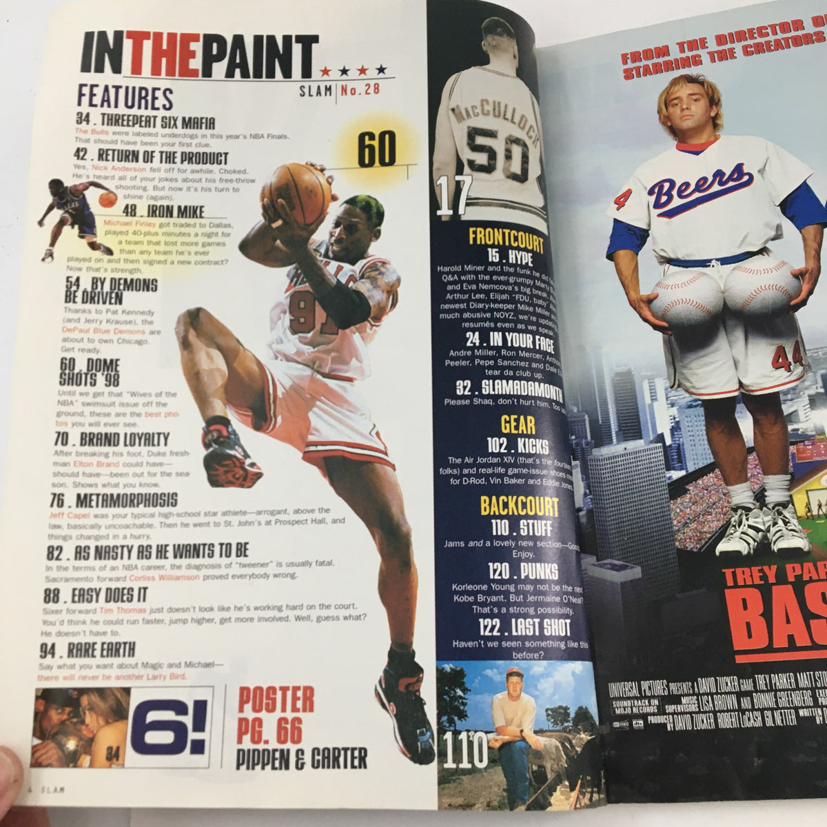 Inside spread of Slam Magazine September 1998, featuring articles and visuals on basketball, including a prominent segment on Michael Finley and the Chicago Bulls' performances.