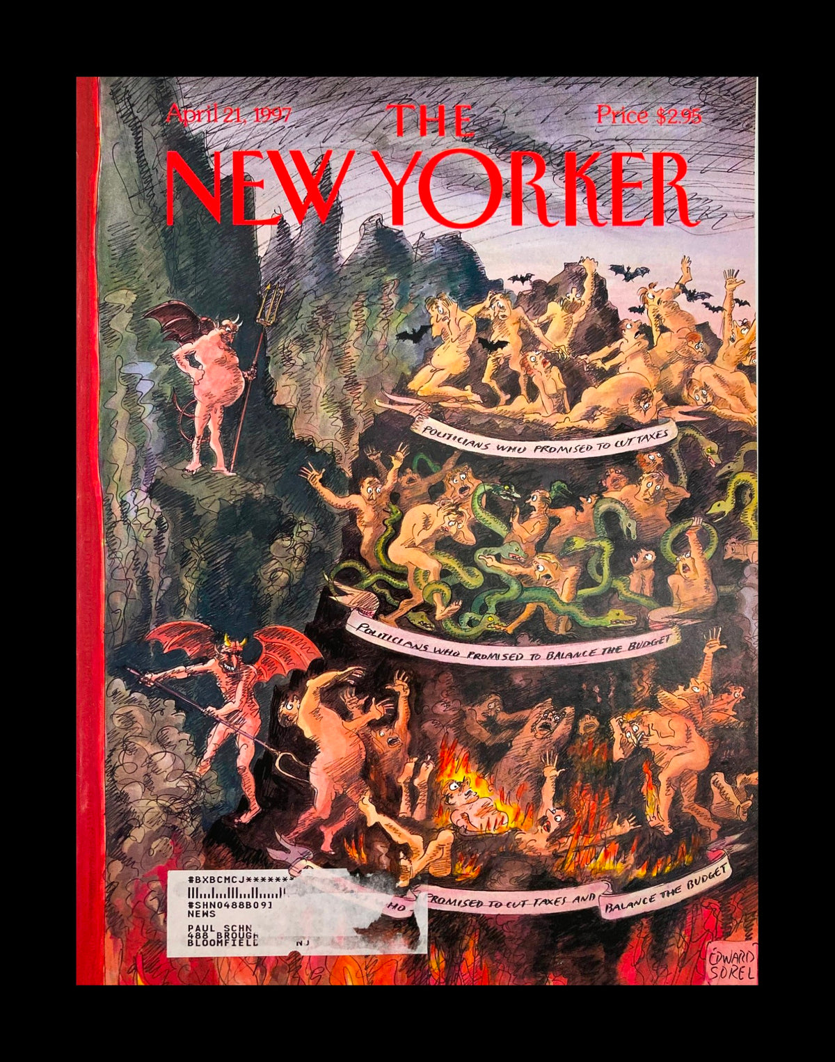 The New Yorker cover from April 21, 1997 titled The Unforgiven by Edward Sorel, depicting a vibrant and satirical scene with mythical creatures and political commentary.