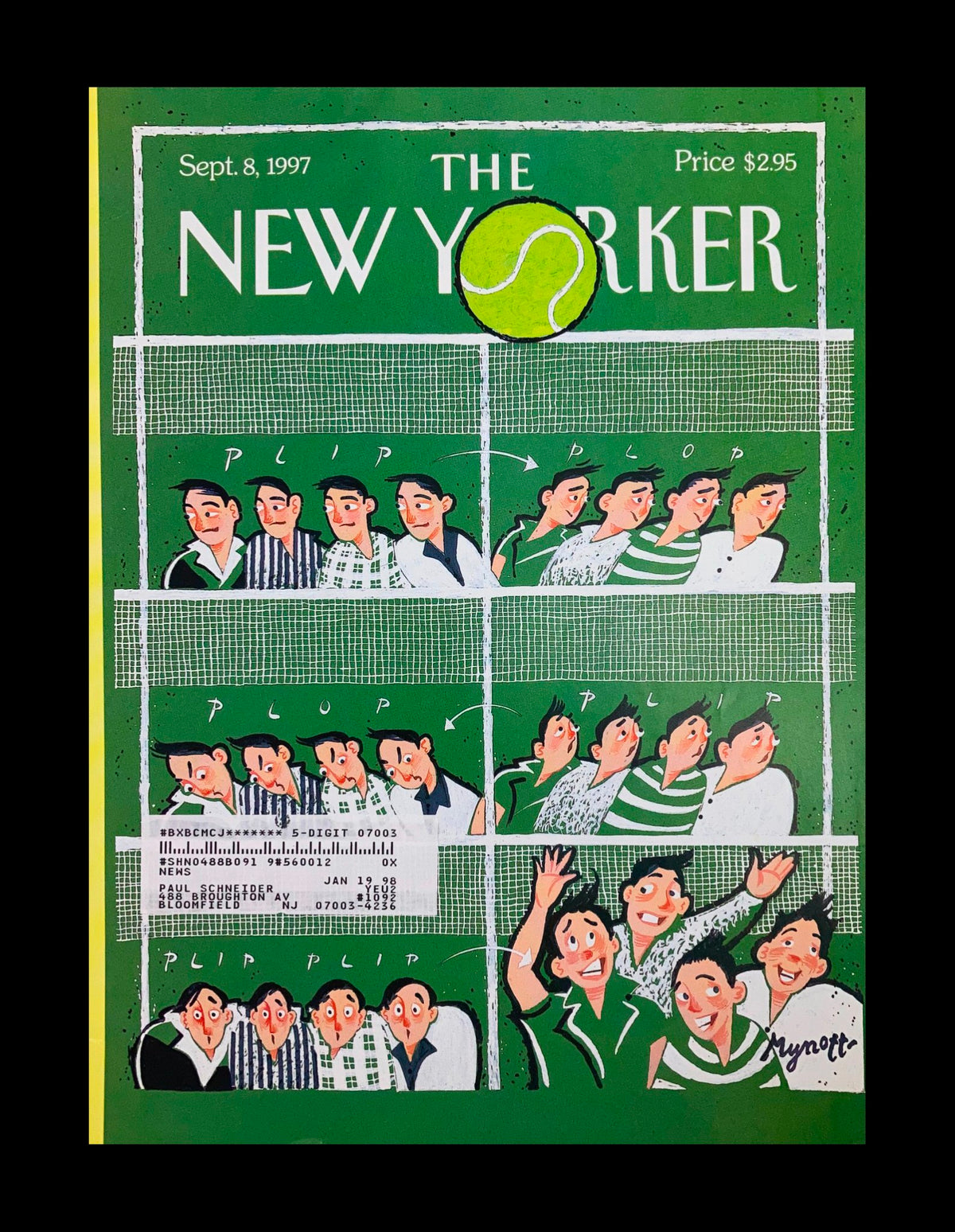 Cover of The New Yorker from September 8, 1997, featuring the artwork 'Game, Set & Match' by Lawrence Mynott, showcasing a vibrant green background with tennis motifs and playful illustrated characters.