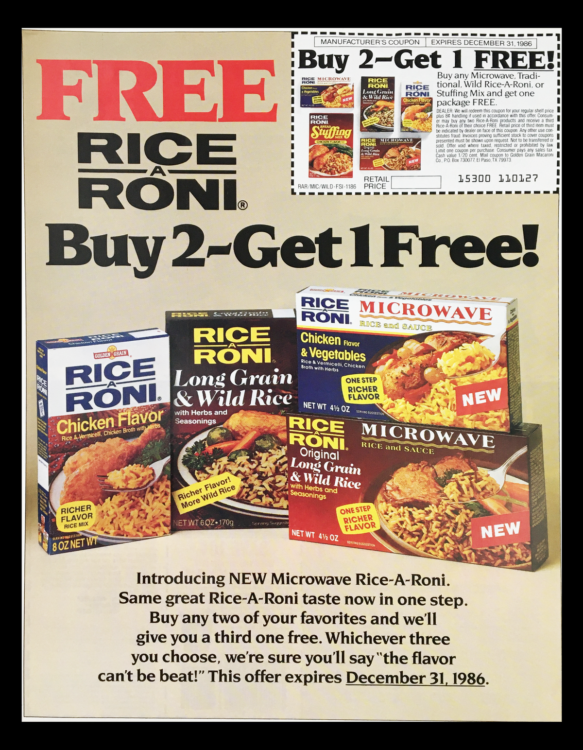 1986 Microwave Rice-A-Roni Circular Coupon Advertisement showcasing various Rice-A-Roni flavors and a promotional deal of Buy 2, Get 1 Free, with vibrant packaging and marketing visuals.