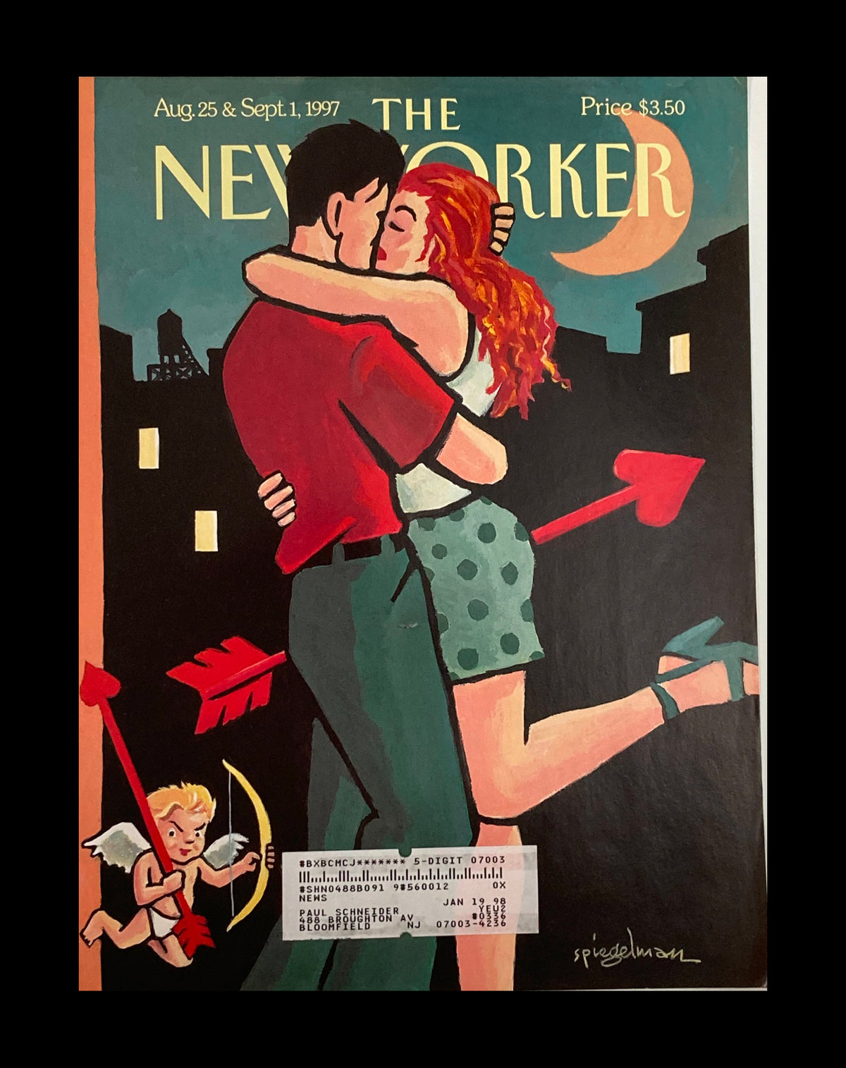Cover only of The New Yorker, August 25, 1997, featuring artwork by Art Spiegelman depicting a romantic couple kissing with a charming cherub in the background.