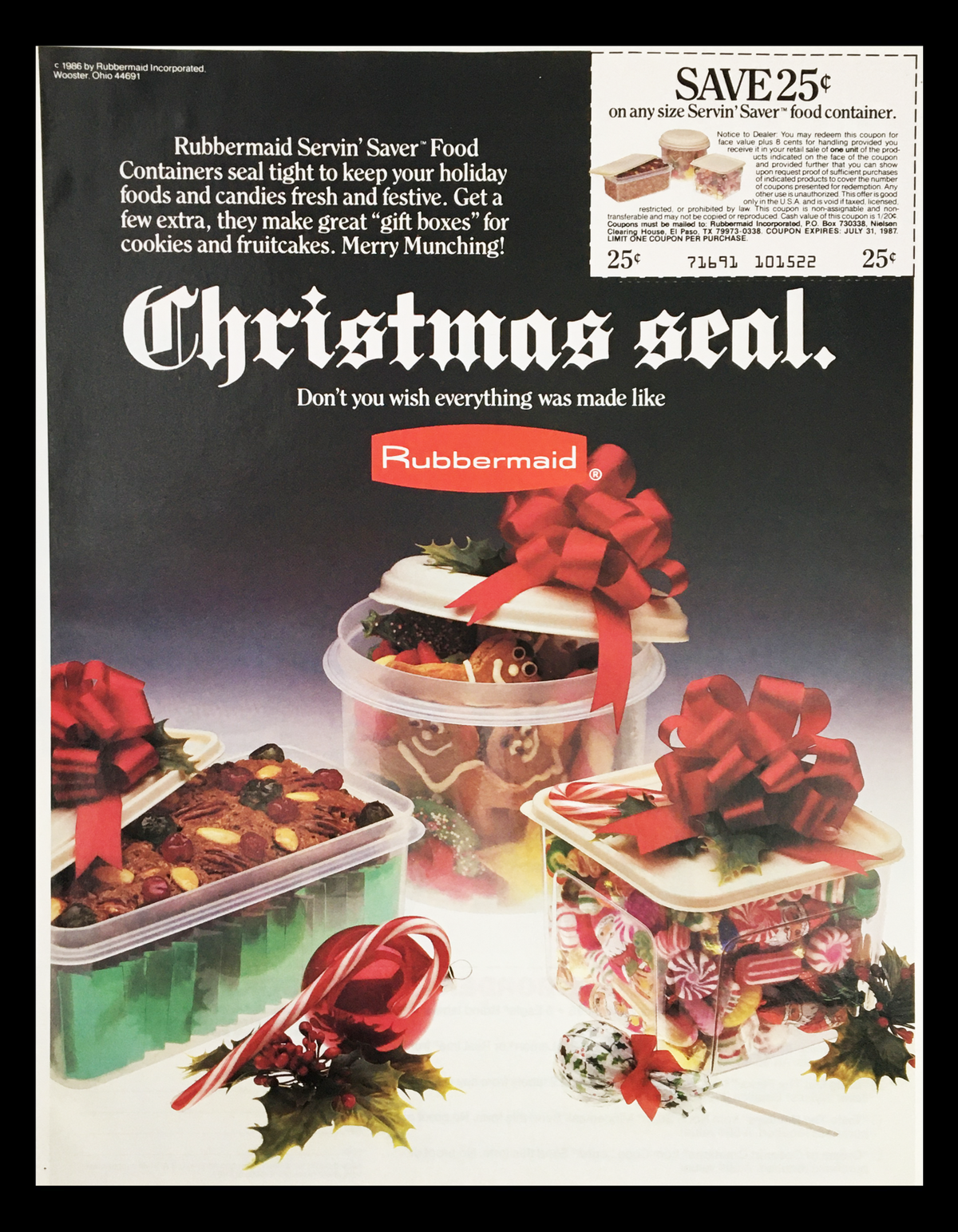 1986 Rubbermaid Servin' Saver Food Container Circular Coupon Advertisement featuring festive Christmas designs with holiday treats, showcasing the containers' tight seal and versatility for cookies and fruitcakes.