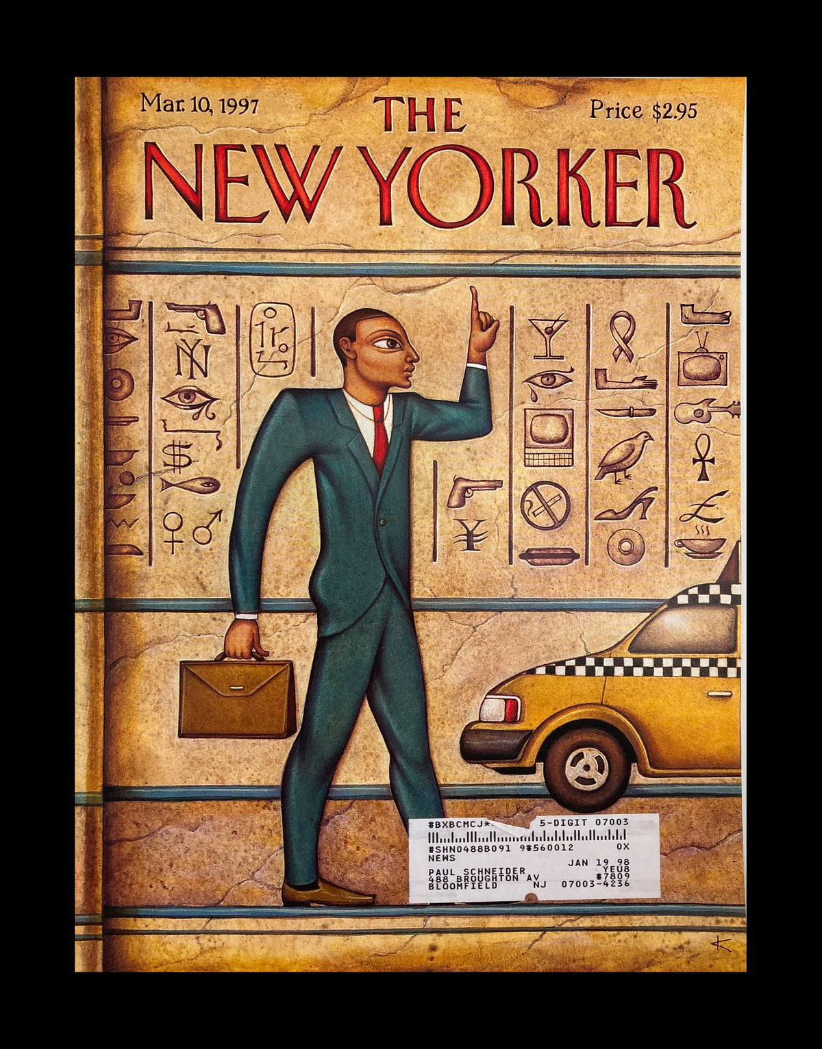 The New Yorker March 10 1997 cover titled 'Tut's Taxi' by Anita Kunz featuring a well-dressed man with a briefcase standing beside a yellow taxi, with hieroglyphics in the background.