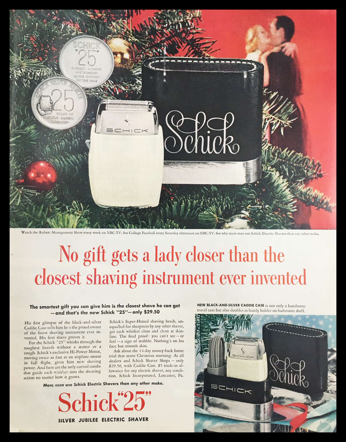 1955 Schick Electric Shavers print ad featuring the Schick '25' Silver Jubilee Electric Shaver, showcasing vintage advertising style with a festive background and a Christmas tree.