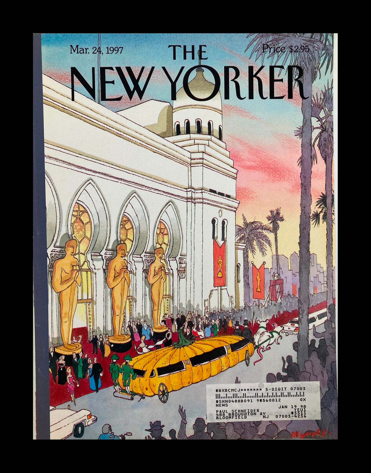 Cover of The New Yorker dated March 24, 1997, titled 'The Big Night' by Lawrence Mynott, featuring a lively scene with celebrities, a pumpkin carriage, and Oscar statues, illustrated in vibrant colors.
