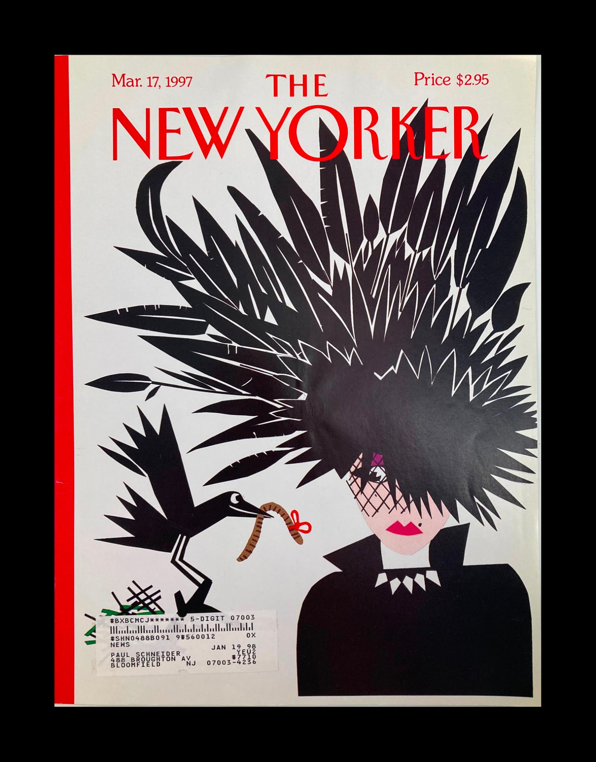 Cover of The New Yorker magazine dated March 17, 1997, featuring the artwork 'Cheep Chic' by Michael Roberts, showcasing a bold design with a figure in a striking hairstyle and a crow holding a worm.