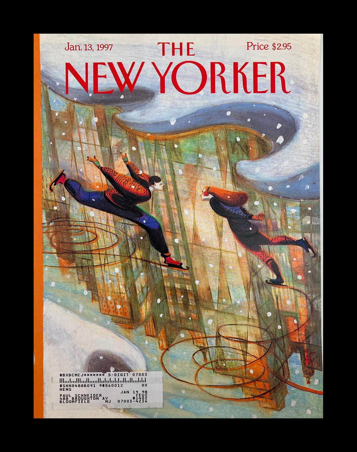 Cover of The New Yorker January 13, 1997, featuring ice skating scene by Lorenzo Mattotti. The artwork captures skaters in vibrant attire amid a winter backdrop.