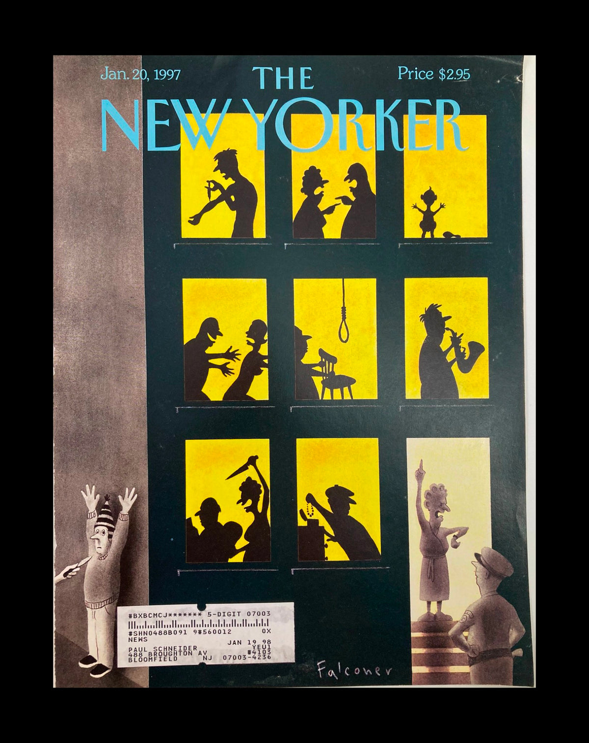 Cover of The New Yorker dated January 20, 1997, featuring the artwork 'Disturbing the Peace' by Ian Falconer, showcasing artistic silhouettes against a vibrant yellow background.