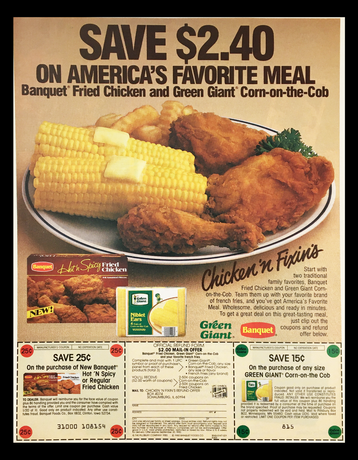 1986 Banquet Hot N' Spicy Fried Chicken Circular Coupon Advertisement featuring a delicious meal of fried chicken, corn on the cob, and promotional offers.