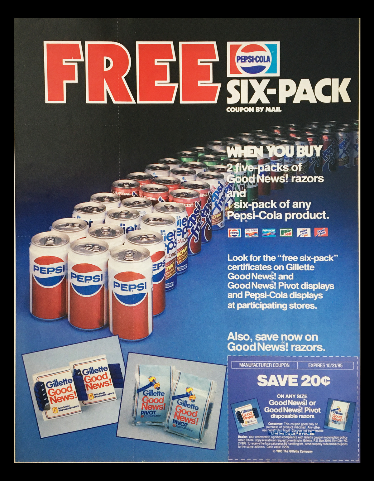1985 Pepsi-Cola Six Pack by Mail Circular Coupon Advertisement featuring Pepsi cans and promotional offers for Gillette razors.