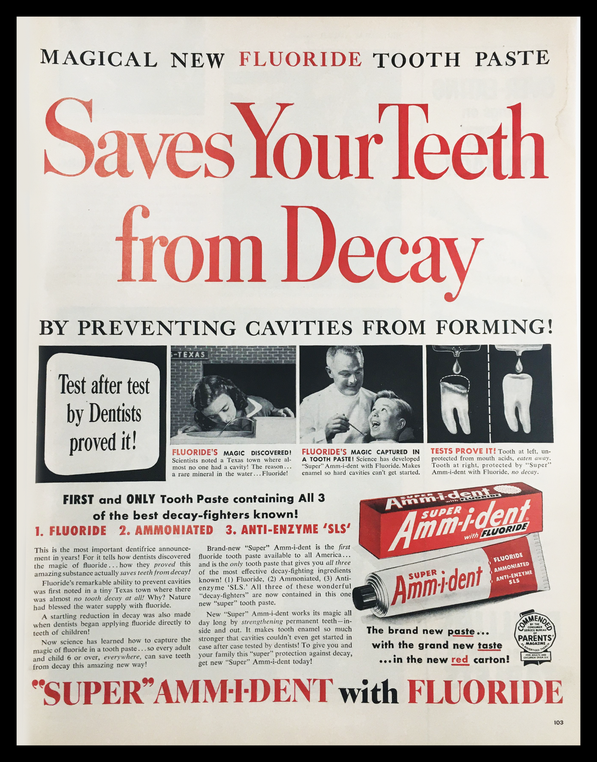1955 Super Ammident with Fluoride Toothpaste Vintage Print Ad showcasing benefits of fluoride for cavity prevention, featuring bold graphics and mid-century design.