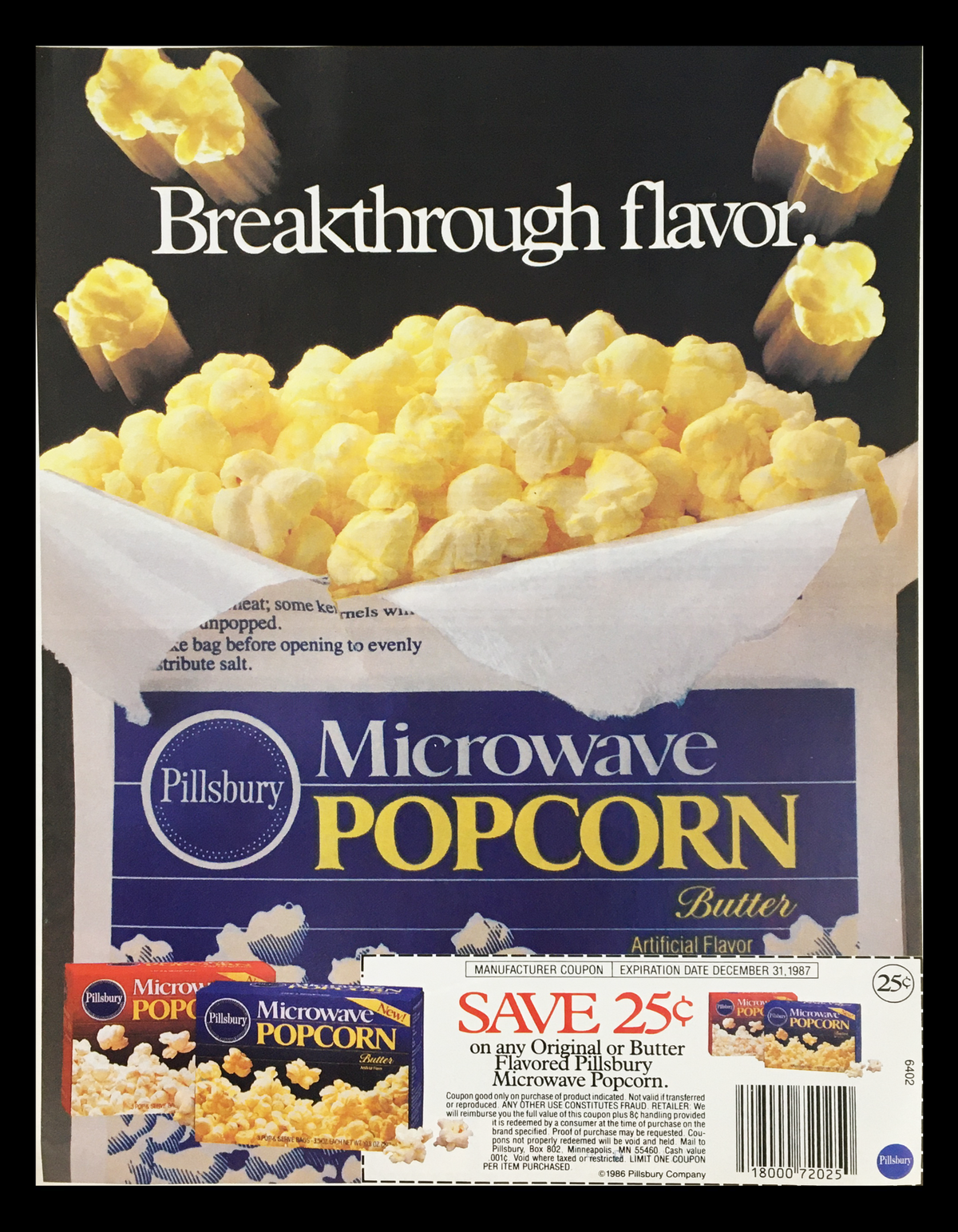 1987 Pillsbury Microwave Popcorn Butter Circular Coupon Advertisement featuring a box of microwave popcorn and the tagline 'Breakthrough flavor'. Original advertisement in good condition measuring 11 1/4 x 8 3/4.