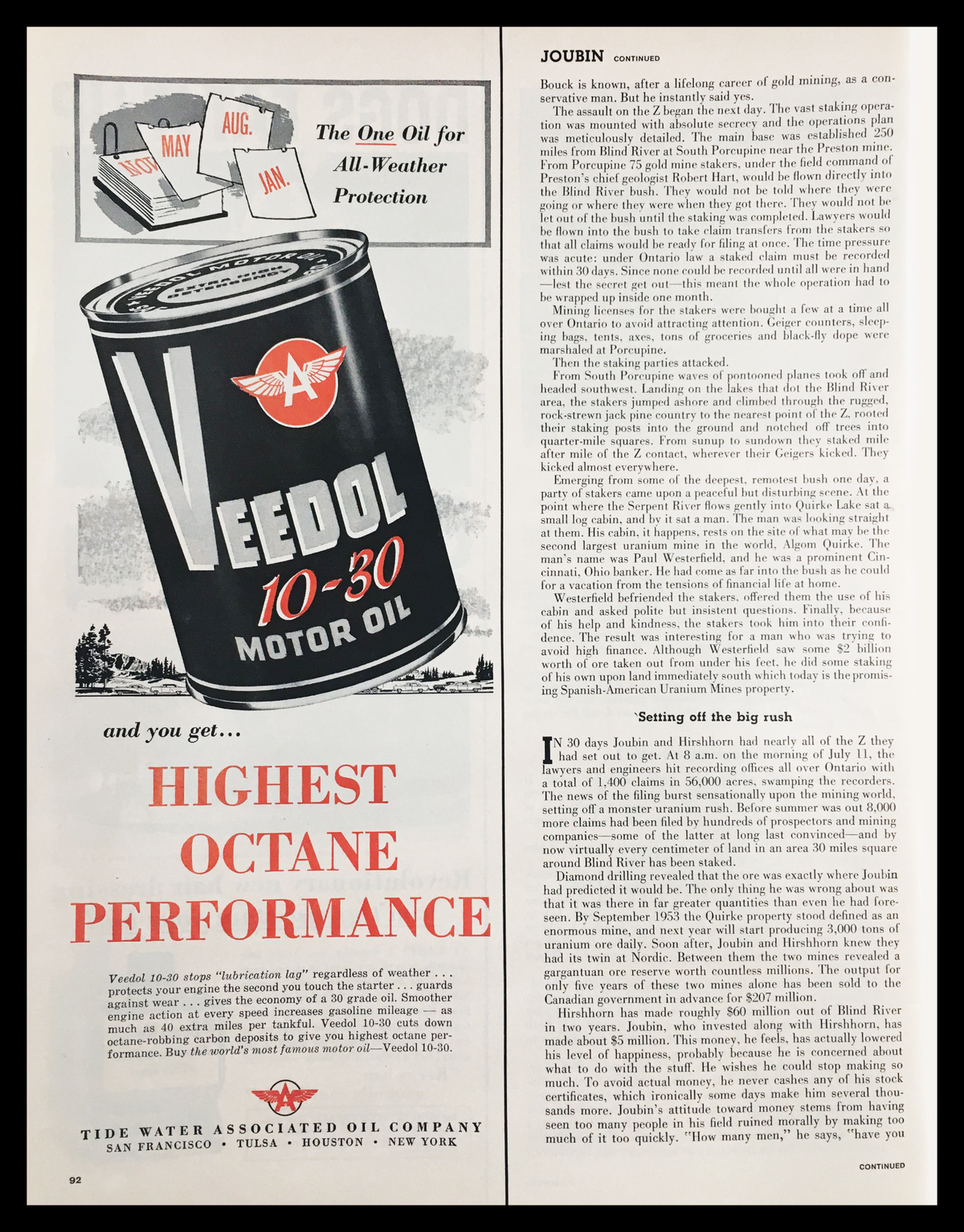 1955 Veedol 10-30 Motor Oil Vintage Print Ad showcasing a can of Veedol motor oil and vintage design elements. This advertisement highlights its features such as 'Highest Octane Performance,' ideal for automotive collectors and enthusiasts.
