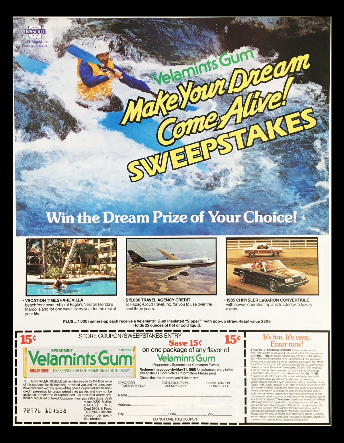 1985 Spearmint Velamints Gum Sweepstakes Circular Coupon Advertisement featuring a colorful design. The advertisement promotes a sweepstakes entry with a chance to win prizes like travel credits and a Chrysler LeBaron convertible, alongside a visual of a person surfing. Coupon details and terms are included in the layout.