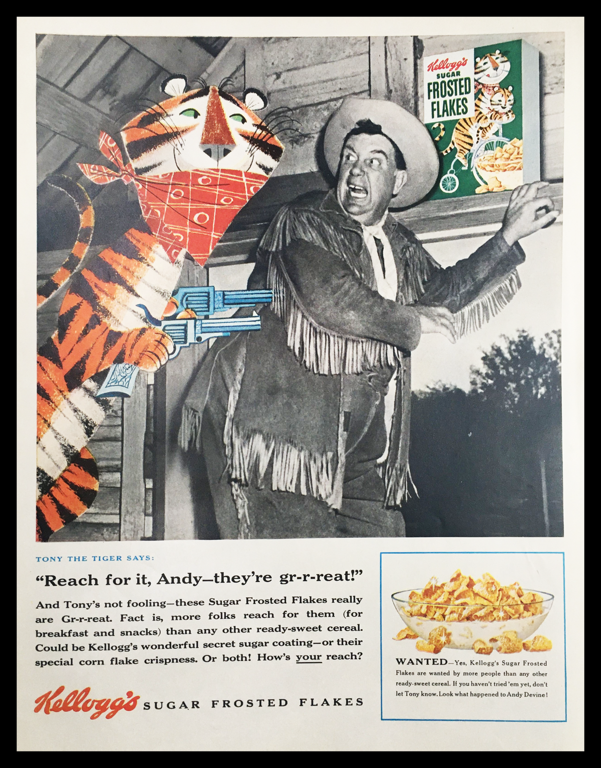 1955 Kellogg's Sugar Frosted Flakes Vintage Print Ad featuring Tony the Tiger and a cowboy, promoting the cereal with the phrase 'Reach for it, Andy—they're gr-r-reat!' and highlighting Kellogg's unique sugar coating.