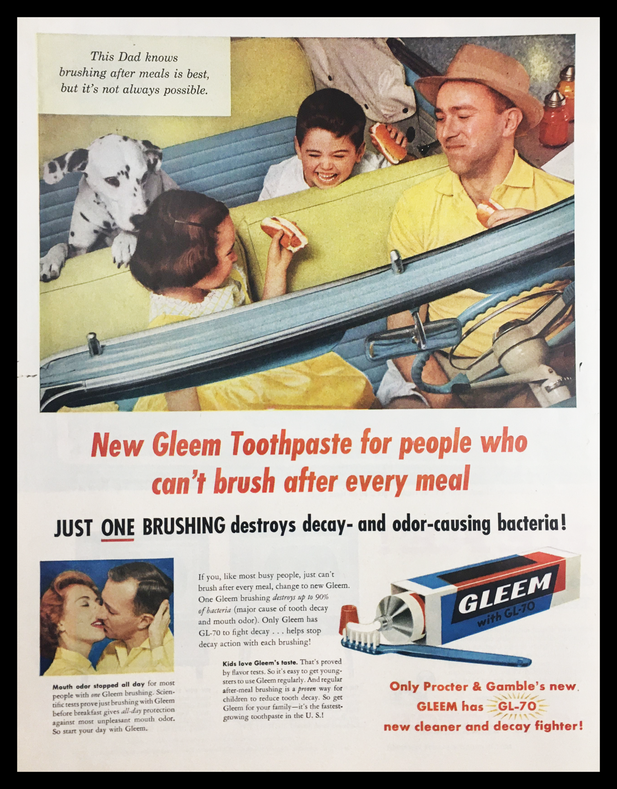 1955 Gleem with GL-70 Toothpaste Vintage Print Ad featuring a family enjoying outdoor leisure, promoting oral health with Gleem toothpaste as a solution for post-meal brushing.