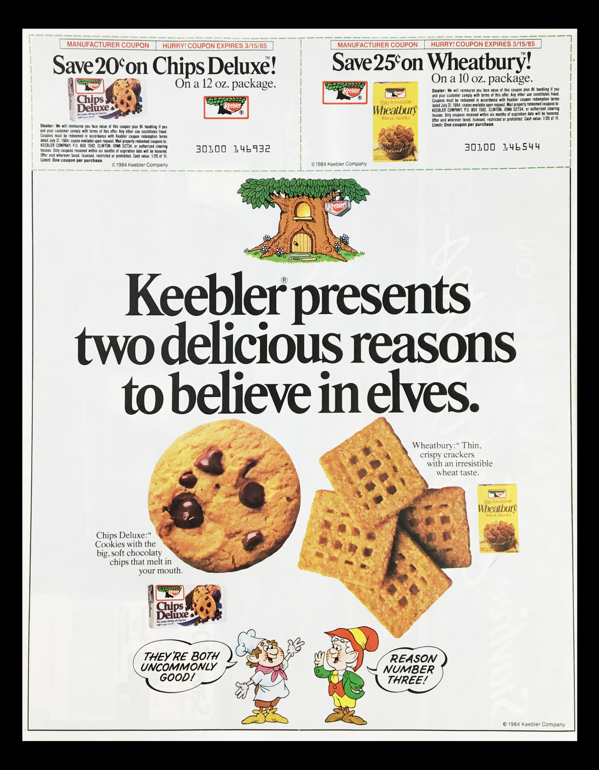 1984 Keebler Delicious Wheat Cookies Circular Coupon Advertisement featuring an illustration of a cookie, a tree, and various coupons for Keebler products, highlighting their deliciousness and promotion of believing in elves.