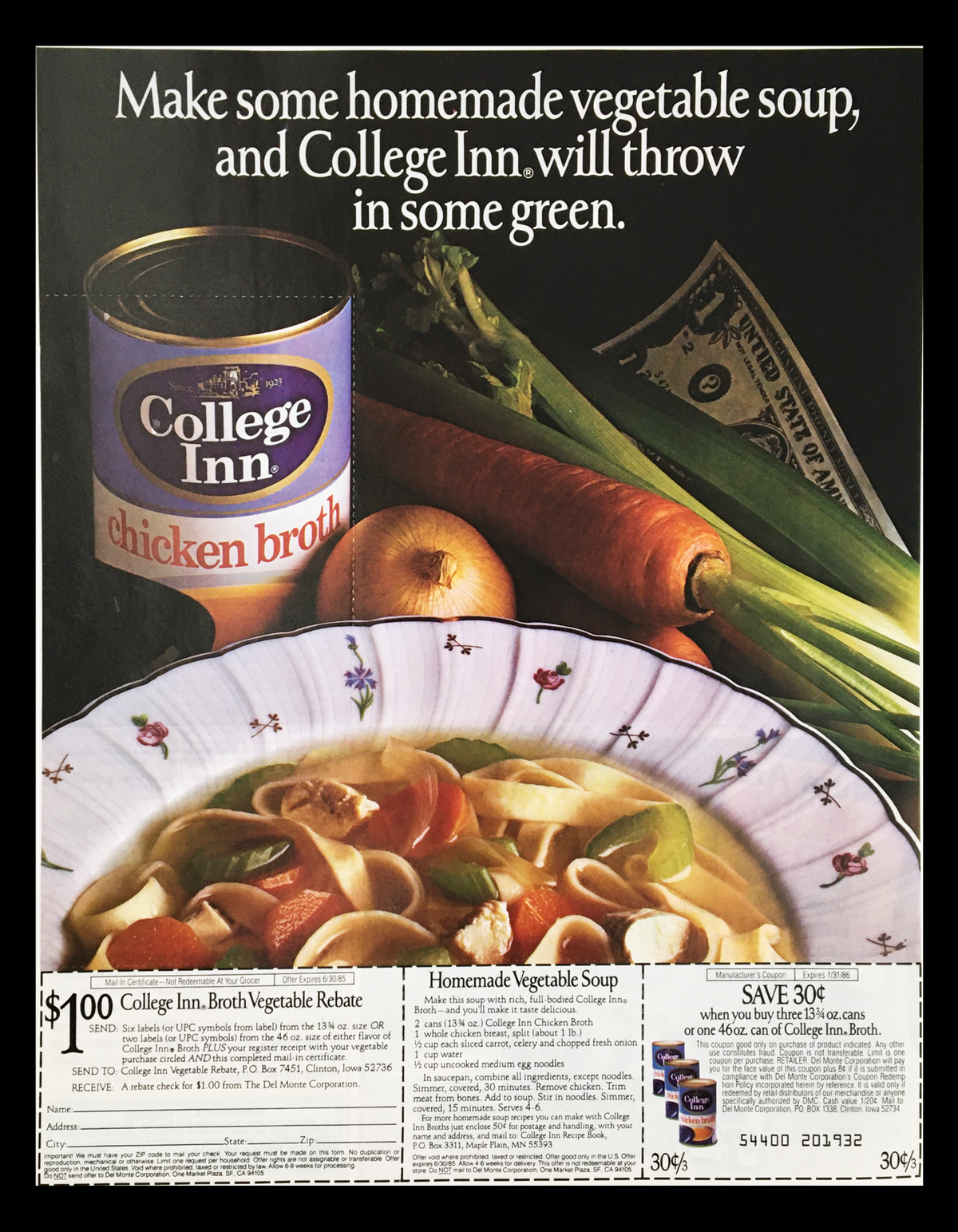 1986 College Inn Chicken Broth Circular Coupon Advertisement featuring a can of College Inn chicken broth, a bowl of homemade vegetable soup with noodles, and fresh vegetables, emphasizing a $1.00 rebate offer.