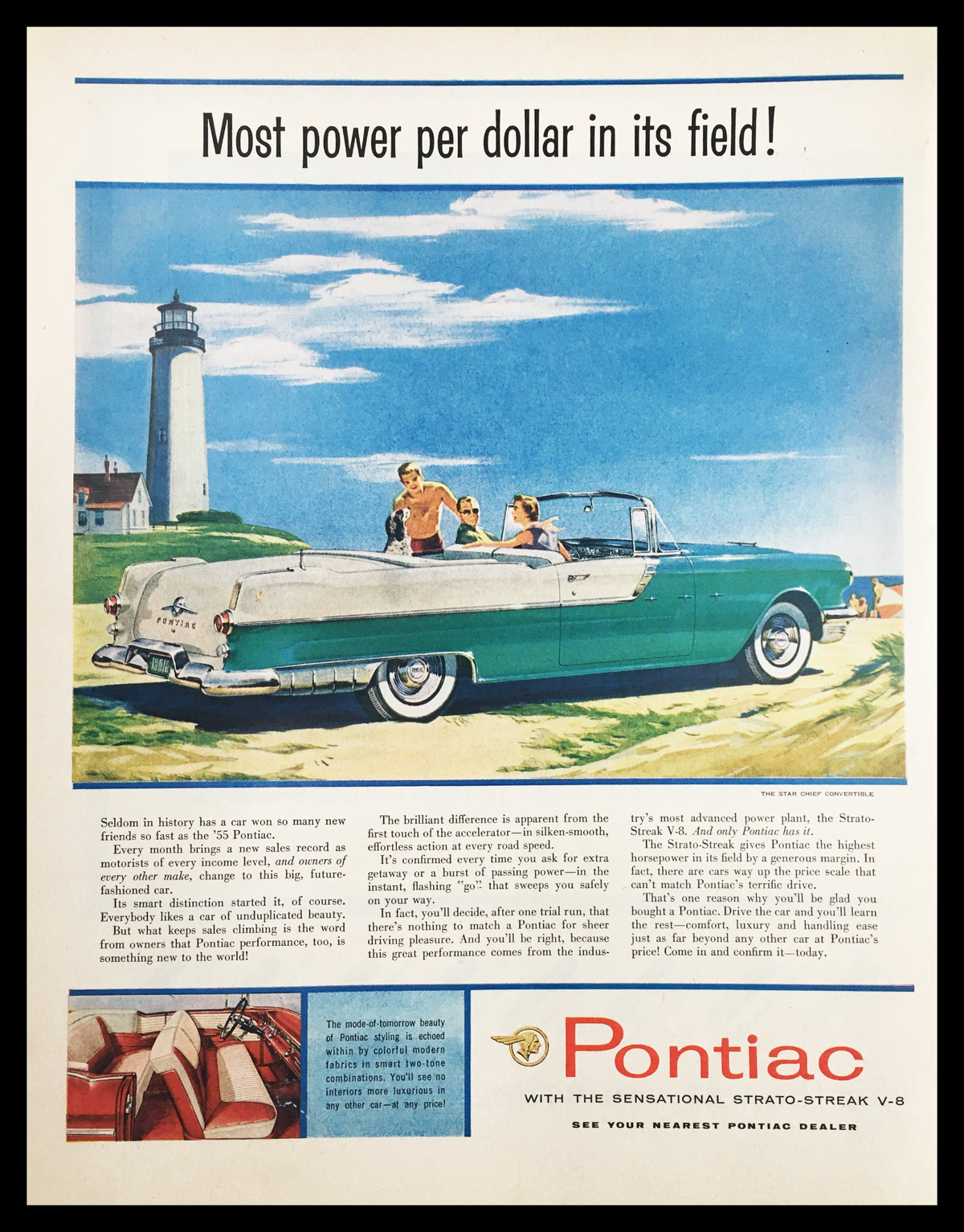 1955 Pontiac Strato-Streak V-8 Vintage Print Ad showcasing the Star Chief Convertible in a scenic coastal background with a lighthouse, emphasizing its powerful performance and luxury features.