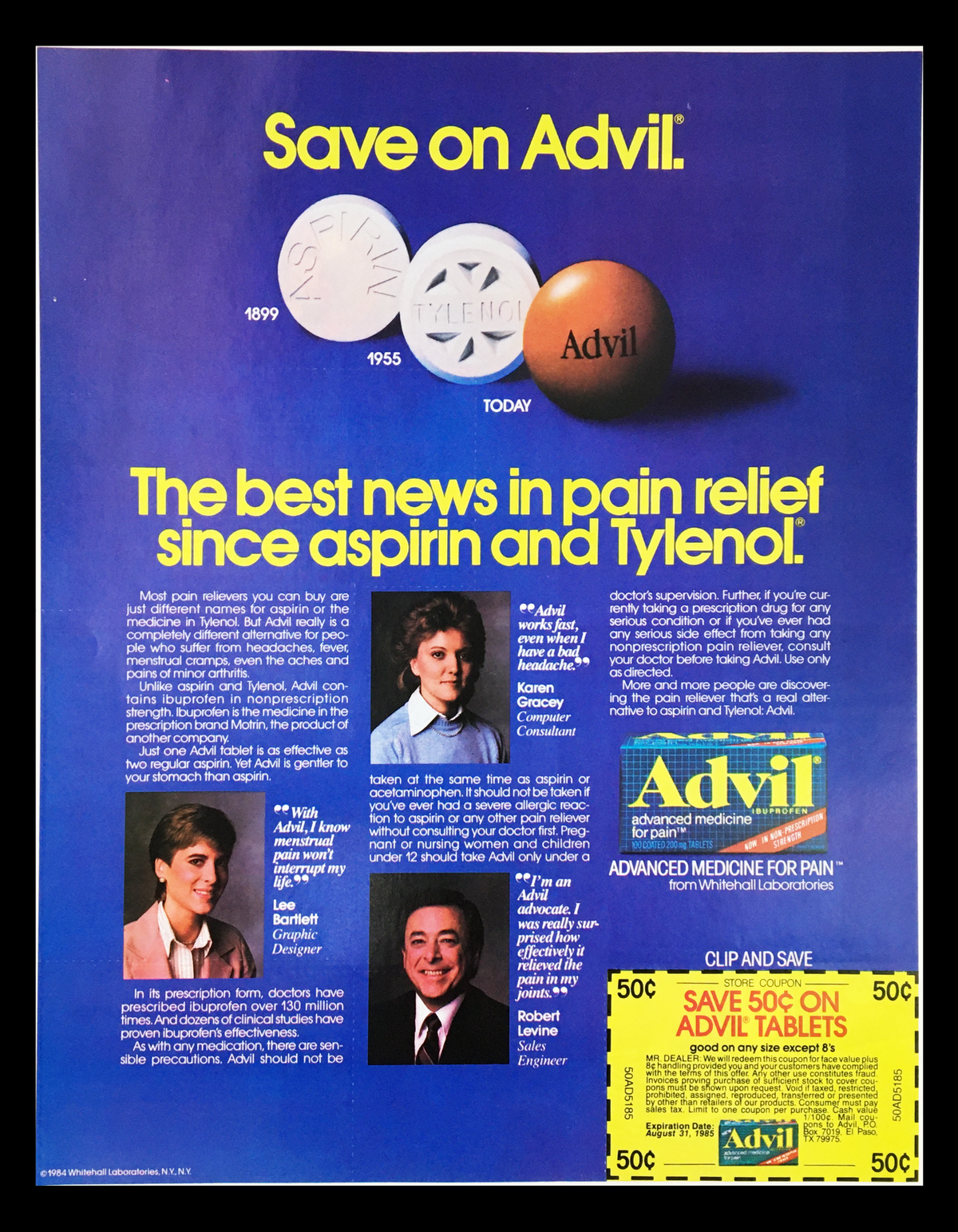 1985 Advil Ibuprofen Advance Medicine Circular Coupon Advertisement featuring an informative layout on pain relief, including a visual representation of Advil tablets and a coupon with a 50 cent savings offer.