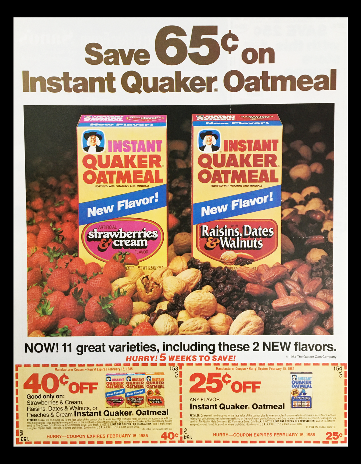 1985 Quaker Instant Oatmeal Circular Coupon Advertisement featuring two boxes of Instant Quaker Oatmeal flavors: Strawberries & Cream and Raisins, Dates & Walnuts, set against a backdrop of assorted nuts and fruits, highlighting a 65¢ savings offer.