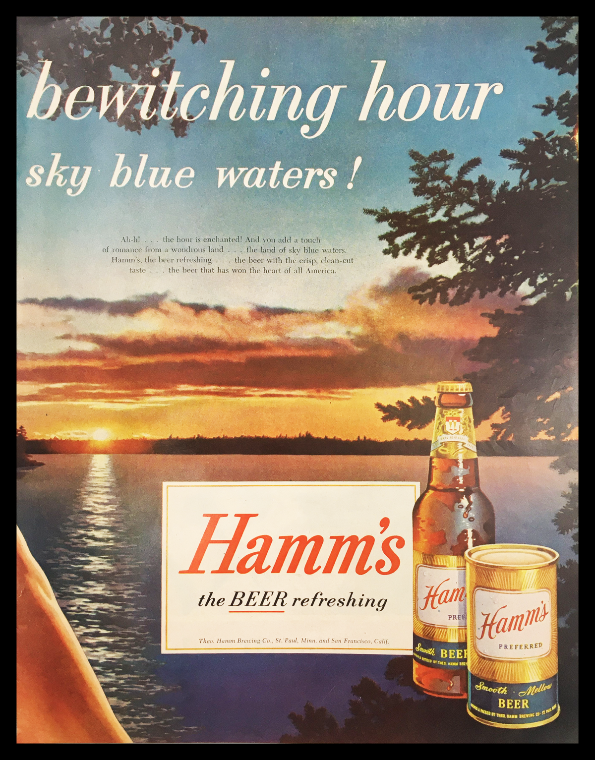 1955 Hamm's Smooth Mellow Beer Vintage Print Ad featuring a serene landscape with soft colors, showcasing Hamm's beer bottles and a can, emphasizing the refreshing nature of the beverage with a nostalgic touch.