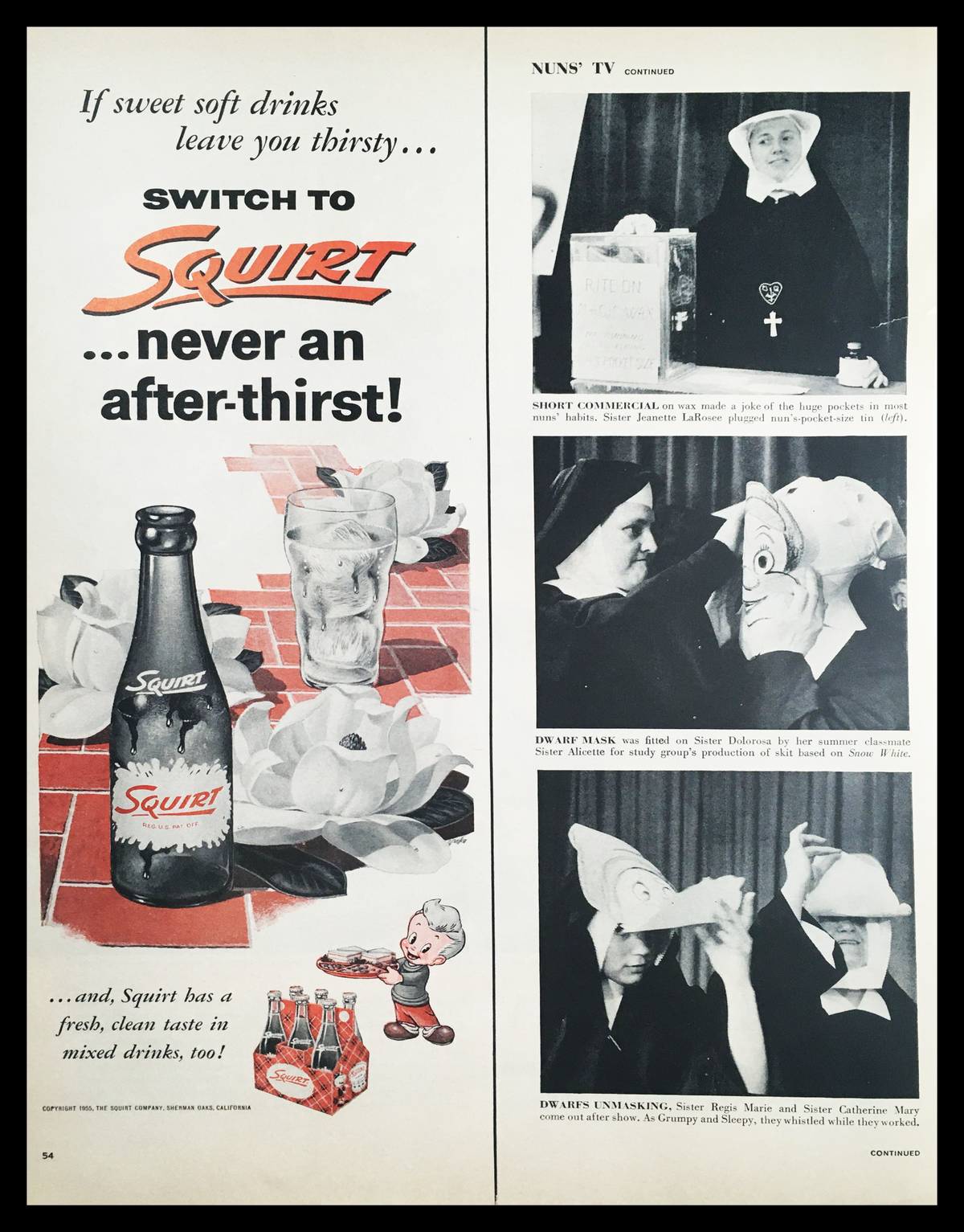 1955 Squirt Soda Never An After-Thirst Vintage Print Ad showcasing a bottle of Squirt soda with glass, featuring playful illustrations and nostalgic advertising elements from the mid-20th century.