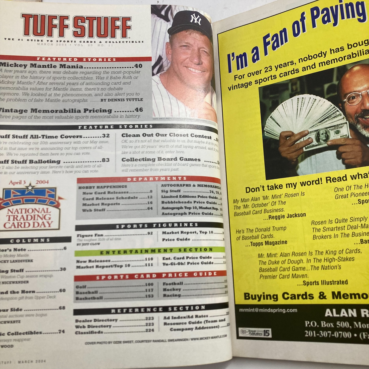 Inside page of Tuff Stuff Magazine March 2004 displaying articles about Mickey Mantle and sports memorabilia pricing, emphasizing vintage sports cards and collectibles.