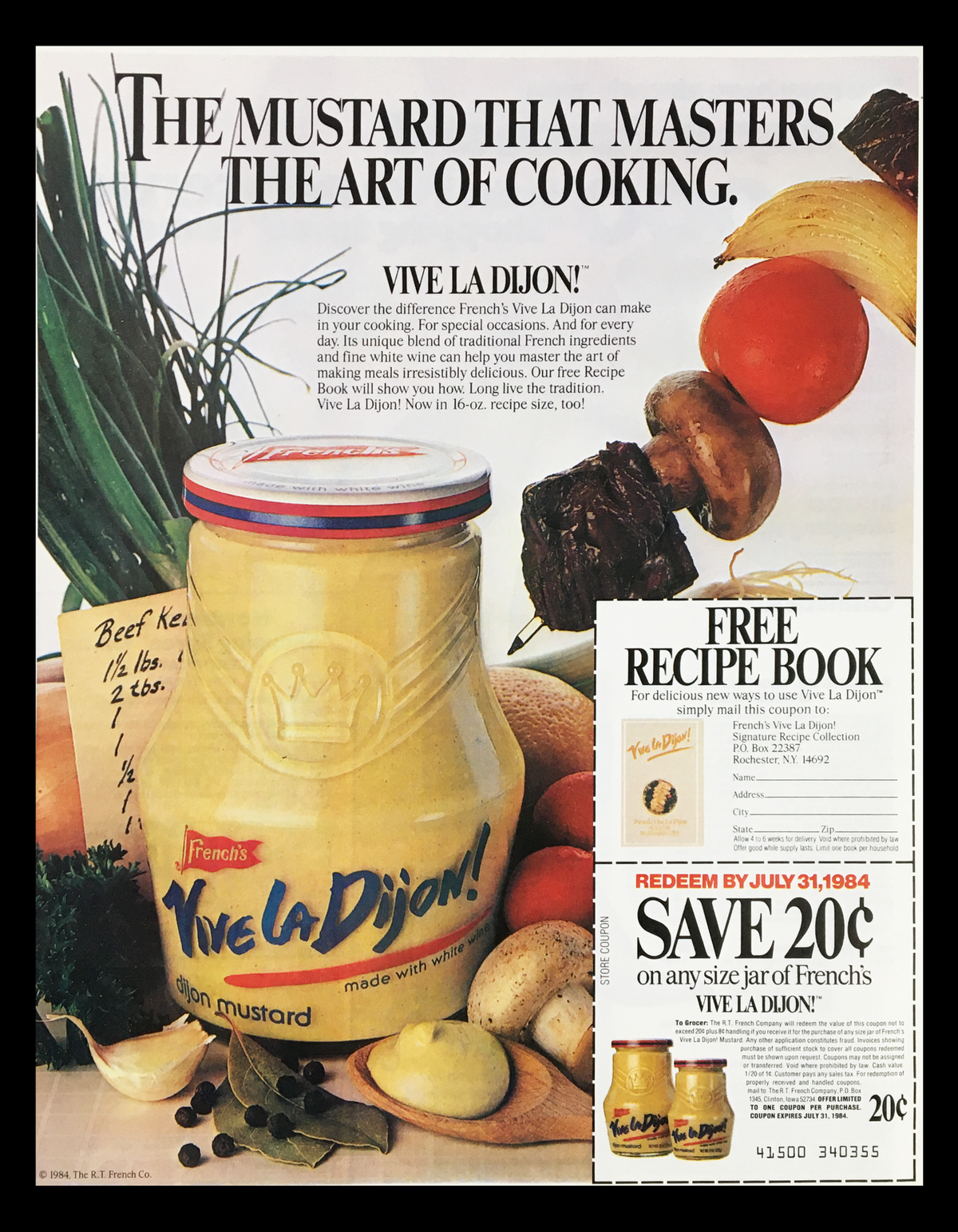 1984 French's Dijon White Wine Mustard Circular Coupon Advertisement featuring a mustard jar labeled 'Vive La Dijon!' with fresh vegetables in the background, promoting a free recipe book and a 20 cent savings offer.