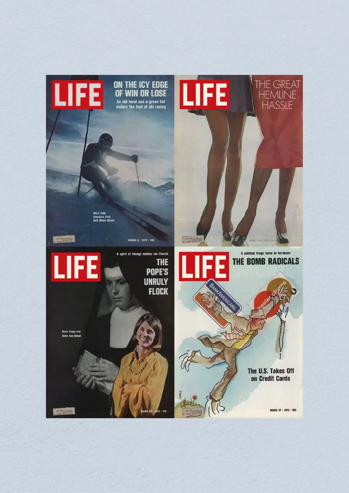 Life Magazine March 27, 1970 cover depicting a satirical illustration on credit cards with the title 'The Bomb Radicals'.
